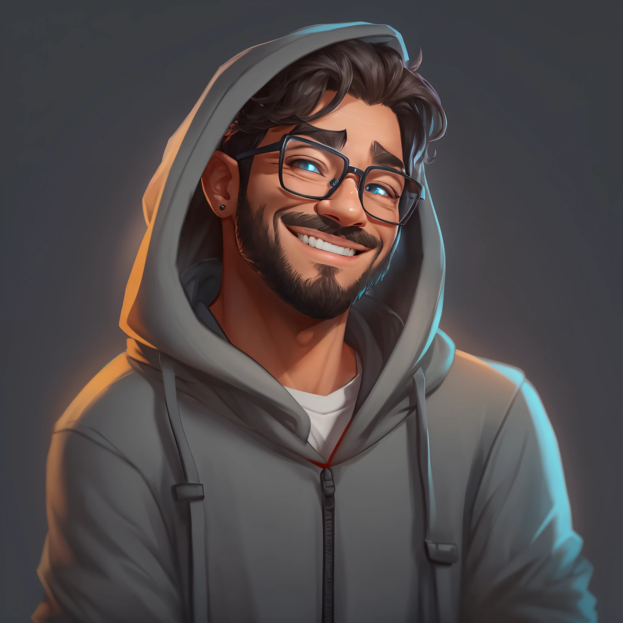 ((PivaArts)) Create a high-quality 2D Pixar Disney cartoon portrait of a man wearing glasses and a hoodie, showing a cheerful smile. This portrait is intended for use as an NFT, an avatar image, a Discord profile photo, and a character concept portrait for the Twitch streamer and gamer known as PivaArts. The completed portrait should be detailed and capture the personality and style of PivaArts, Becoming a Statement Piece. The focus is on a character headshot portrait fit for a Twitch streamer.