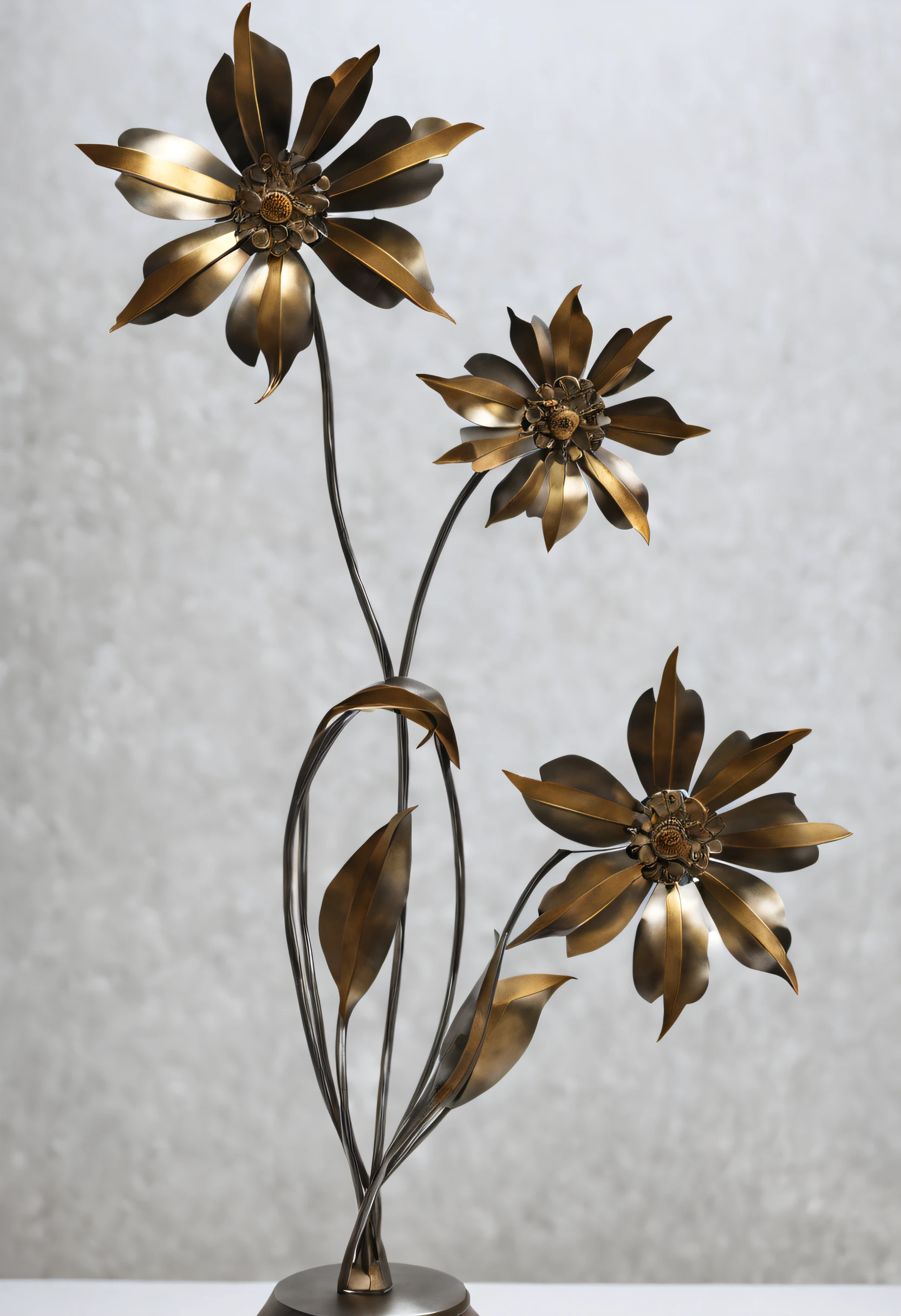 metal art，flower made of iron，iron leaves，bent iron stem，iron flower，Full metallic luster，Metal texture in the post-industrial era，Iron decoration，platinum，white silver and gold，heavy metal style，In the metal world of the future，everything is made of metal，Metallic flowers，metal grass，Metal Tree，metal mountain