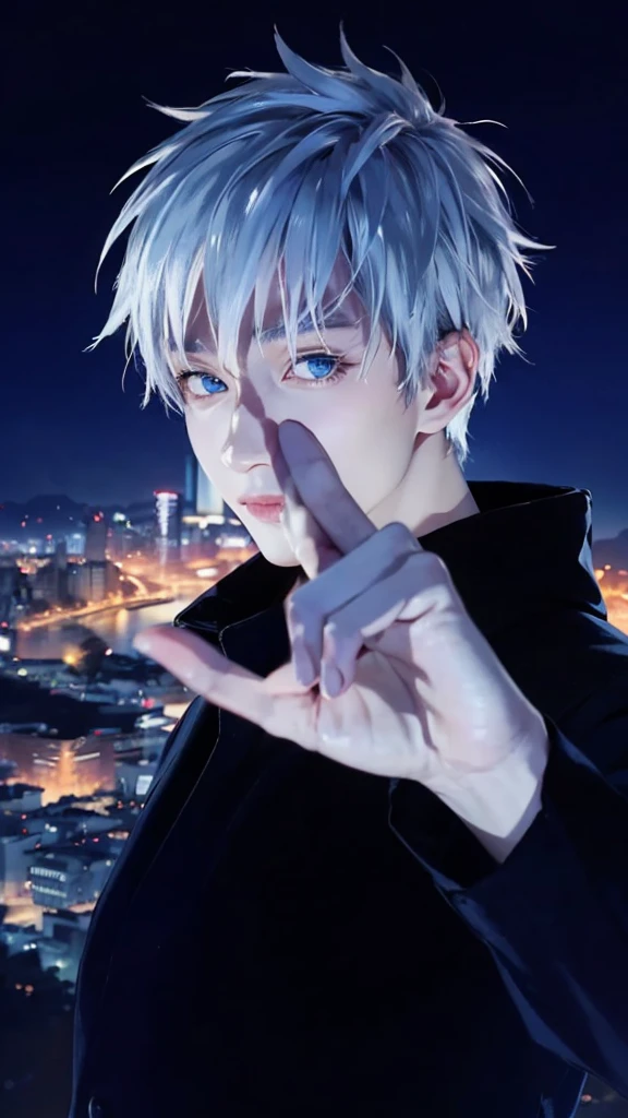 1man, gojo satoru in anime jujutsu kaisen, short hair , white hair, blue eyes, beautiful eyes, handsome, smile, black clothes, realistic clothes, detail clothes, city background, ultra detail, realistic