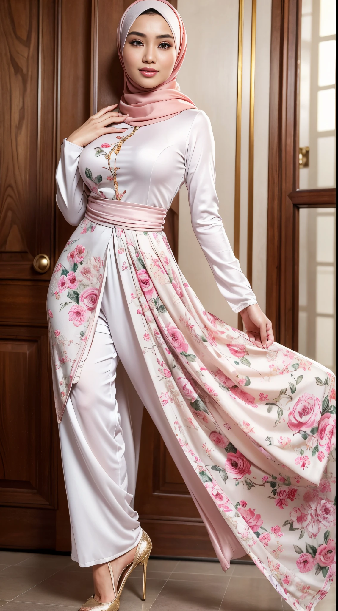 RAW, Best quality, high resolution, masterpiece: 1.3), Beautiful Malay woman in hijab (iu:0.8),slim faces, (RAW photo:1.2), (photorealistic:1.4),(masterpiece:1.3),(best quality:1.4),ultra high res,(detailed eyes),(detailed facial features),(detailed clothes features),HDR,8k resolution, skin tight, (((high detailed skin,visible pores))), dreamlike, 1 girl, tall body, slim faces, body abs:1.2, 30 years old, gigantic breast, wearing tight close beie pastel floral silk Ao Dai with hijab, full body, beautiful shy smile, wearing high heels