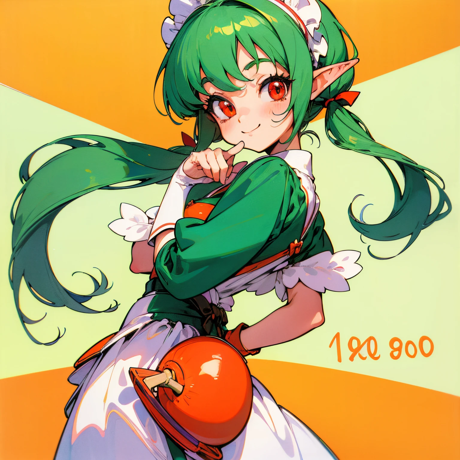 hightquality、Green Twin Tail、Elven ears、Red Eyes、small tits、Small buttocks、Cute smile、Turn to me and smile、A mischievous smile、maid clothes、Omurice、((1980s style))、Anime style