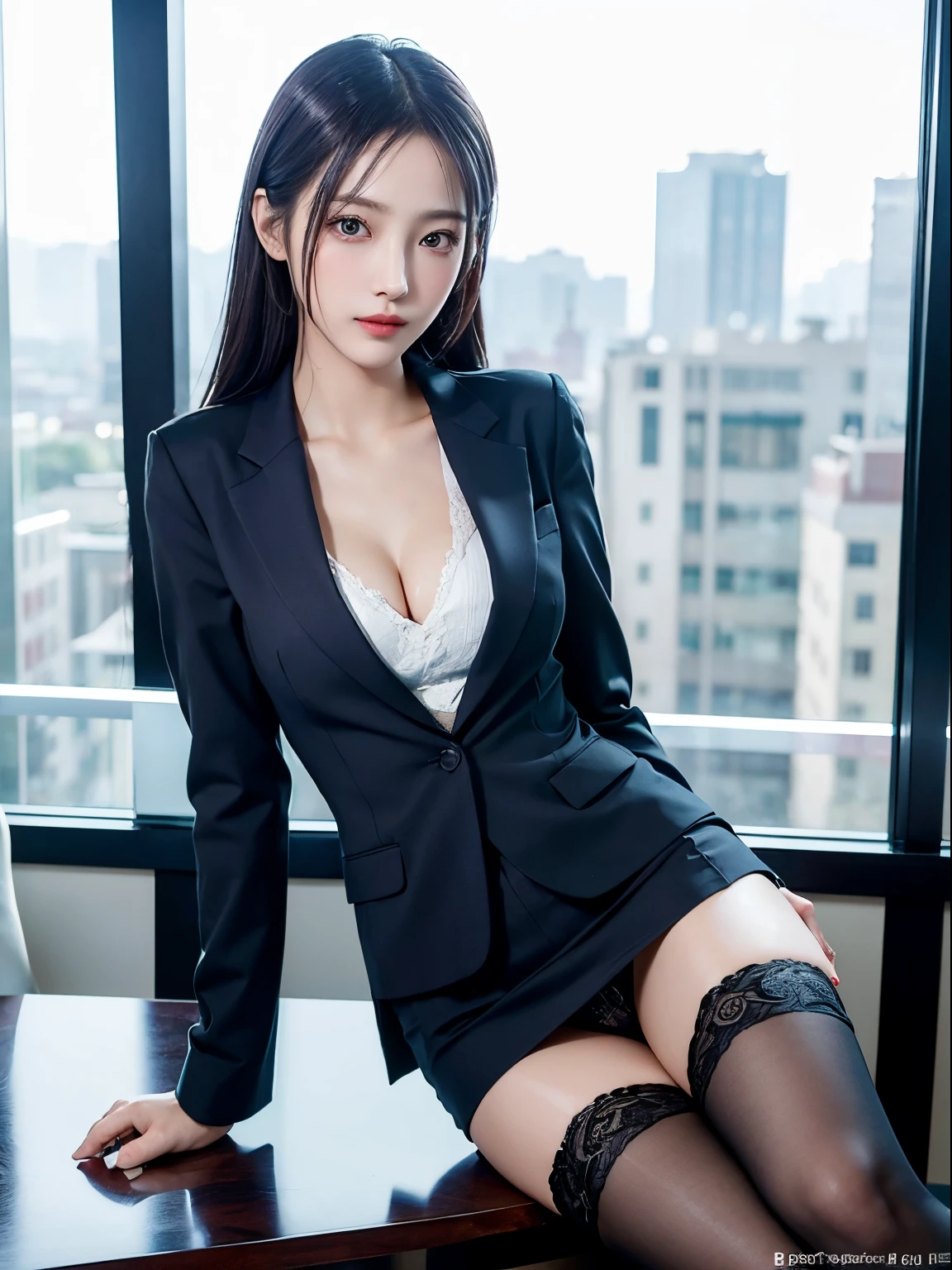 Beautiful woman in business suit, Shirts and tight skirts, Stockings,  Detailed face, Skinny face、Detailed eyes, Lustrous lips, Shiny skin , gazing at viewer, Slender Abs, cleavage, slender physique, Cross legs, Sit on a chair, Office,(Best Quality, masutepiece, 超A high resolution :1.3),(Photorealistic:1.4)