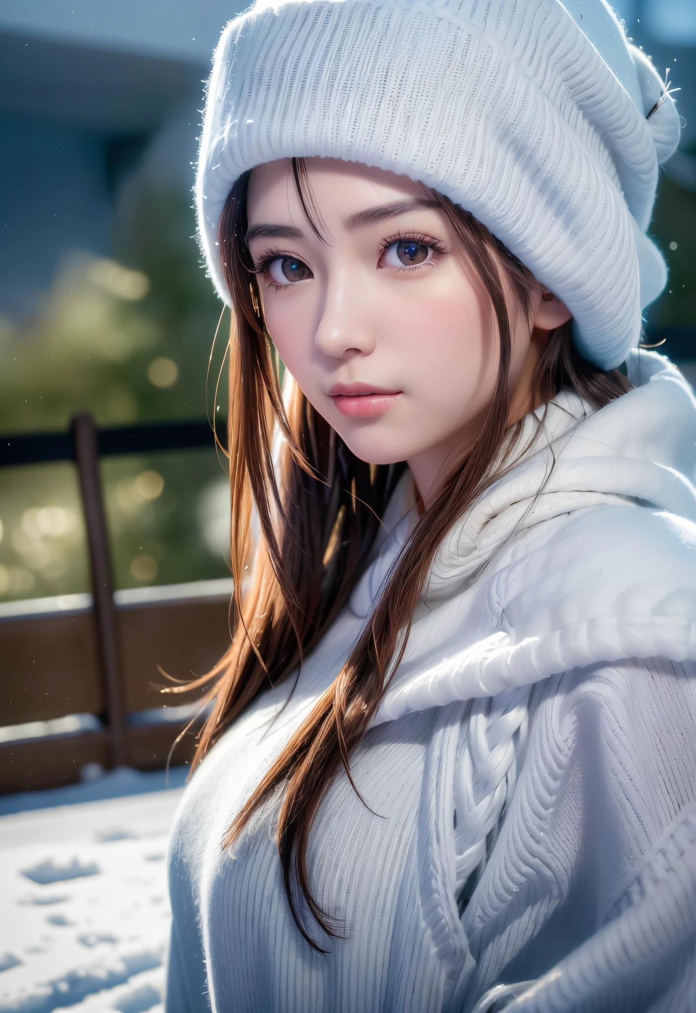 A close up of a woman wearing a white hat and sweater - SeaArt AI