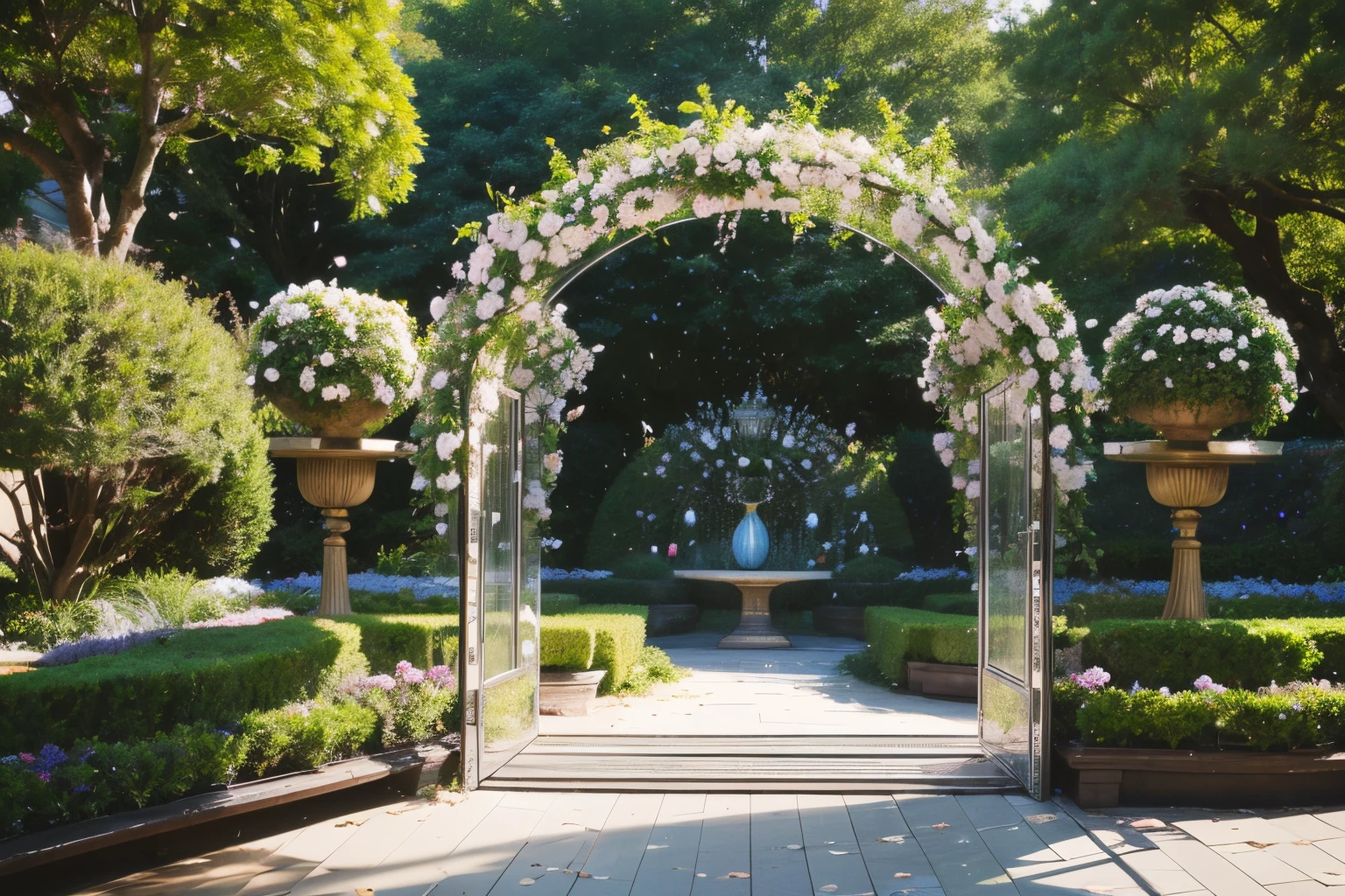 (best quality,4k,8k,highres,masterpiece:1.2),ultra-detailed,metal flowers,shiny surfaces,realistic textures,exquisite craftsmanship,detailed petals,subtle reflections,delicate curves,vivid colors,unique art installations,sculptural beauty,modern elegance,abstract floral compositions,elegantly arranged,blossoming in a garden,contemporary art,metallic hues,playful patterns,contrasting materials,artistic brilliance,sparkling masterpieces,unconventional materials,botanical sculptures,nature-inspired creativity,harmonious blend of nature and technology,striking visual impact,luxurious garden sculptures,innovative design,artistic expression,futuristic garden landscape,colorful blossom,metallic garden fantasy,serene and enchanting ambiance,lush greenery,ethereal atmosphere,tranquil sanctuary,peaceful retreat,mesmerizing visual experience