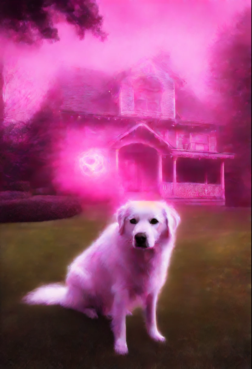 A ghost of a dog guarding the house lawn, a dog pink hologram texture, pink translucent spirit of a dog, spirit dog hologram, low opacity, conceptual art, ghostly form, pink fog around the spirit of the dog, glowing fog intricate ghosty dog, photorealistic, glowing spirit dog, photoreal, hyperrealism