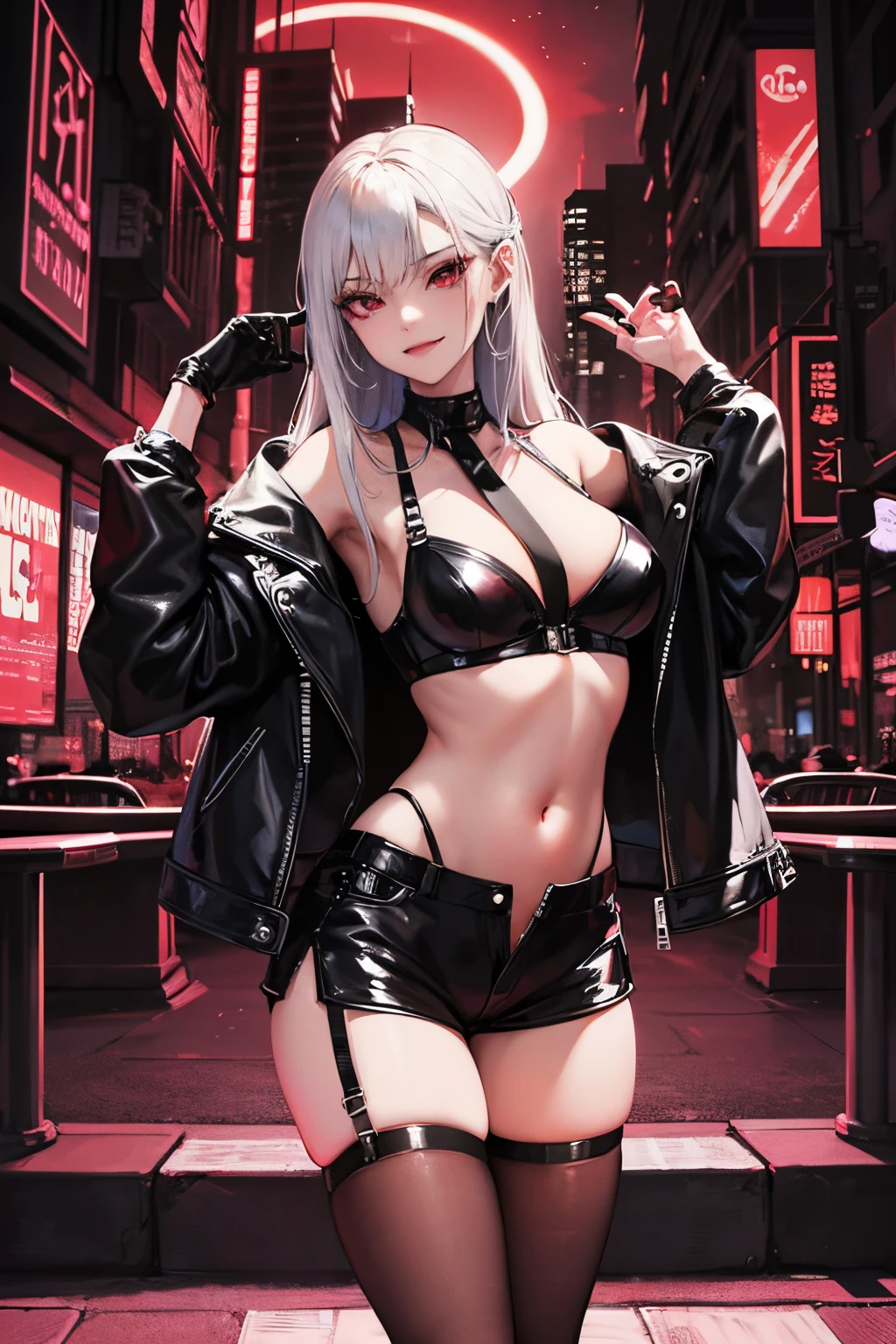 anime, masterpiece, best quality, long hair, red eyes, smirk, see-through, bodystocking, cute girl wearing a bodystocking under leather bra and shorts, cropped leather jacket, dynamic pose, outdoors, red light district, prostitutes in background, night club, cyberpunk\(theme\), smog,