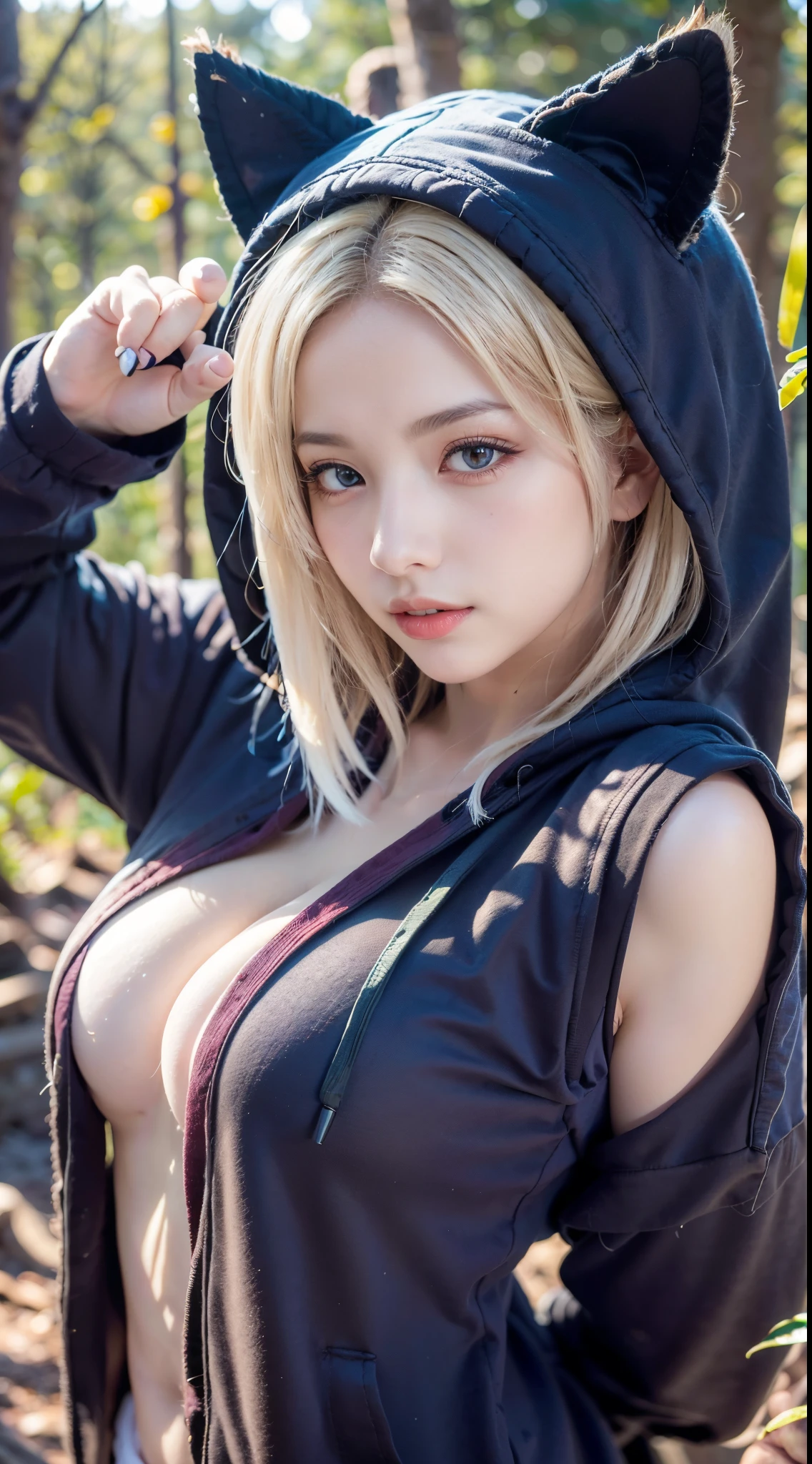 a woman, (wearing oversized_hoodie, cat_ears_hood:1.3),
good hand,4k, high-res, masterpiece, best quality, head:1.3,((Hasselblad photography)), finely detailed skin, sharp focus, (cinematic lighting), soft lighting, dynamic angle, [:(detailed face:1.2):0.2], medium breasts,(((inside a forest))),