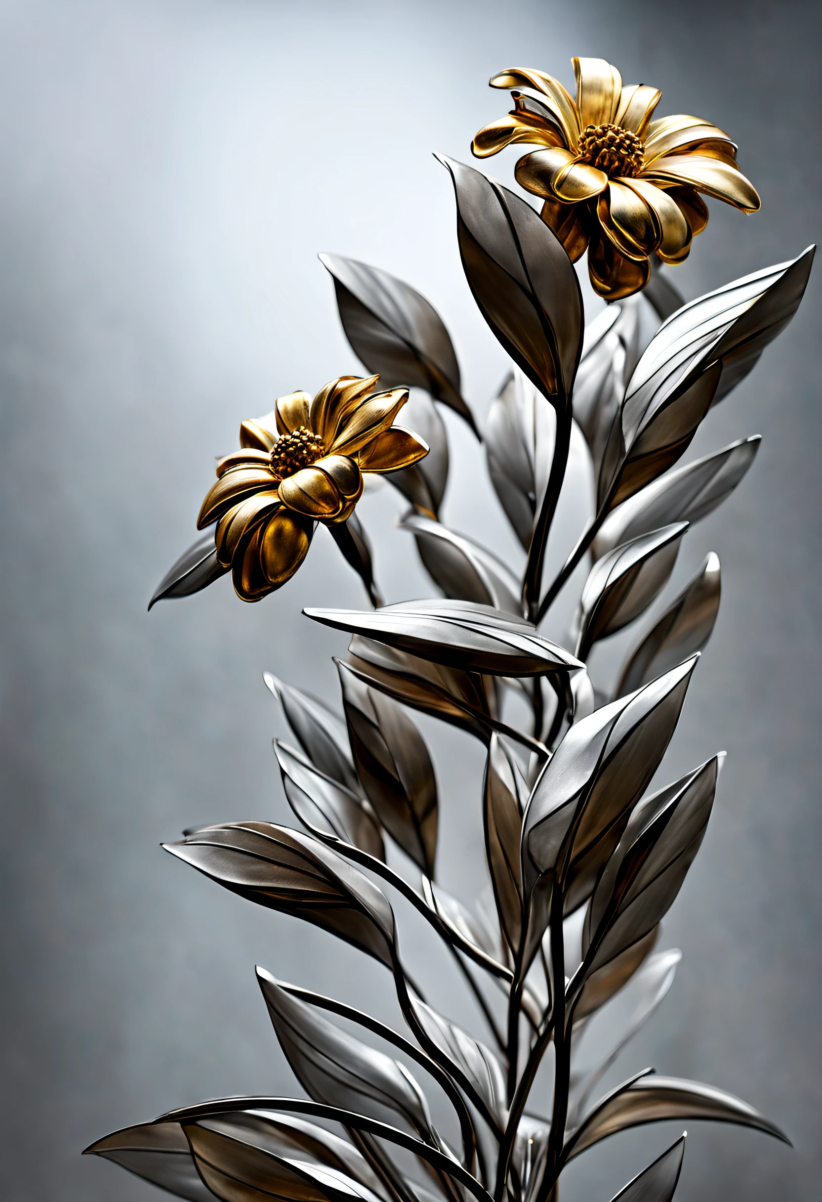metal art,flower made of iron,iron leaves,bent iron stem,iron flower,Full metallic luster,Metal texture in the post-industrial era,Iron decoration,platinum,white silver and gold,heavy metal style,In the metal world of the future,everything is made of metal,Metallic flowers,metal grass,Metal Tree,metal mountain