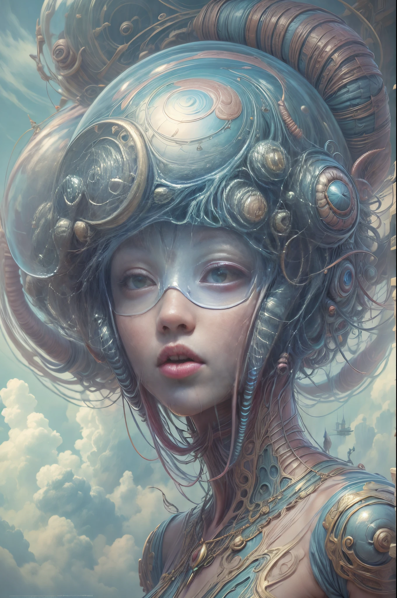 "Alien girl in a futuristic helmet, ethereal snail companion, mystic aura, otherworldly clouds, dreamlike"