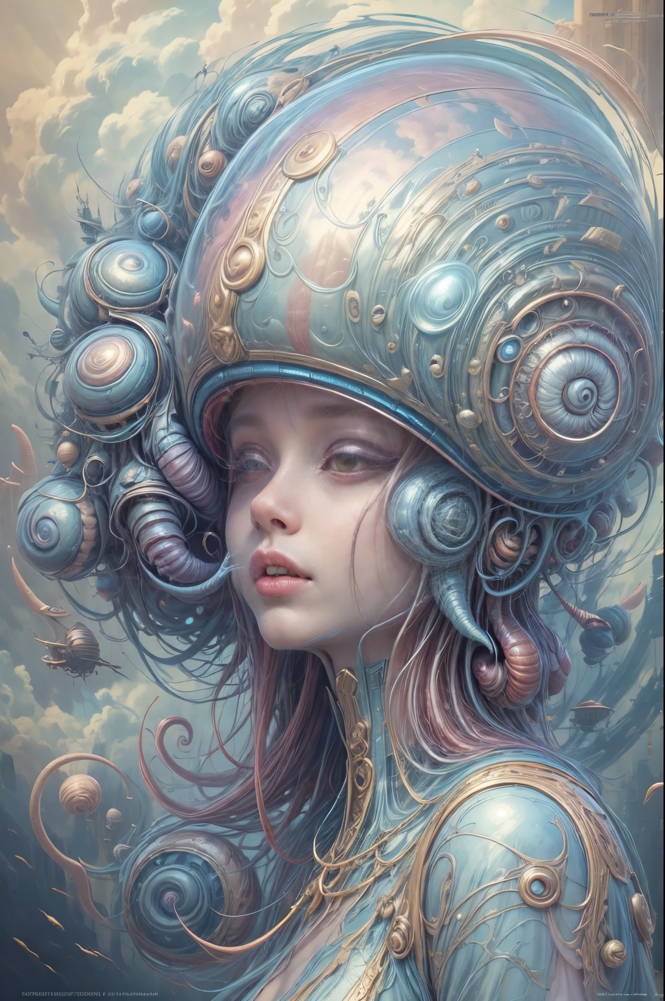 "Alien girl in a futuristic helmet, ethereal snail companion, mystic aura, otherworldly clouds, dreamlike"