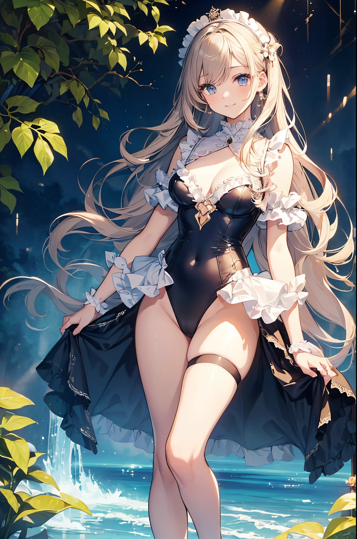 ((2D Beautiful Girl、Beautiful illustration、top-quality、Perfect fingertip、perfect anatomia、Perfect outfit、Beautiful illustration))、extremely delicate and beautiful、Soio、beatiful detailed eyes、gorgeous maid outfit、(((ruffled leotard costume)))）、Princess、、a smile、Bright and sunny royal garden、年轻、20yr old、Full body depiction、wide Shots、