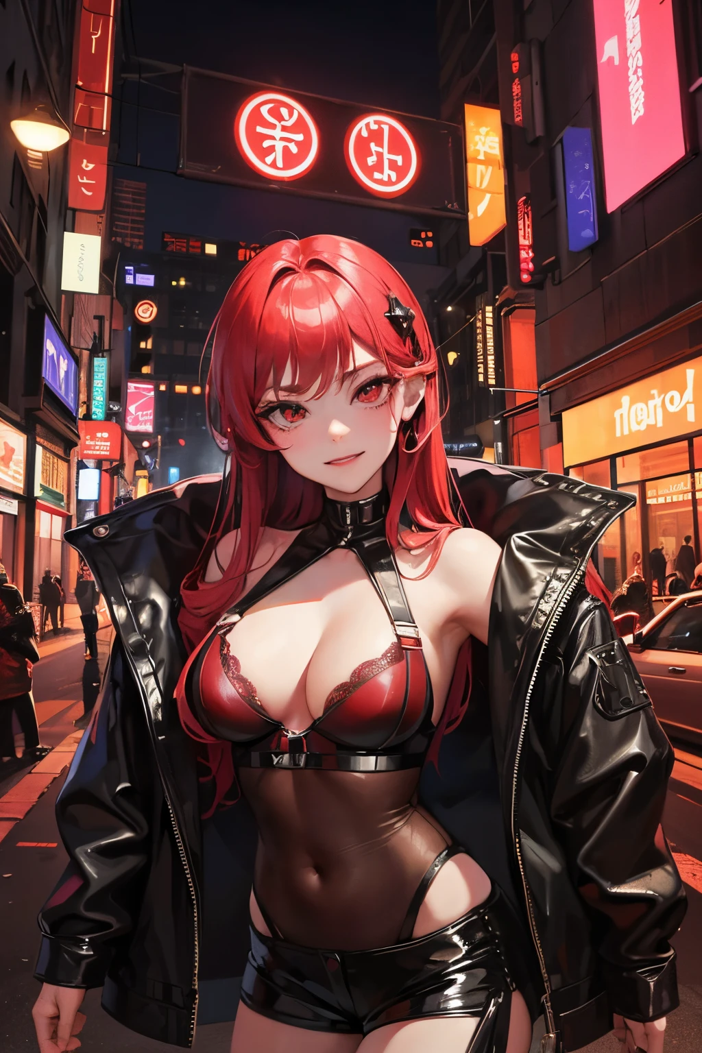 anime, masterpiece, best quality, long hair, red eyes, smirk, see-through, bodystocking, cute girl wearing a bodystocking under leather bra and shorts, cropped leather jacket, dynamic pose, outdoors, red light district, prostitutes in background, night club, cyberpunk\(theme\), smog,
