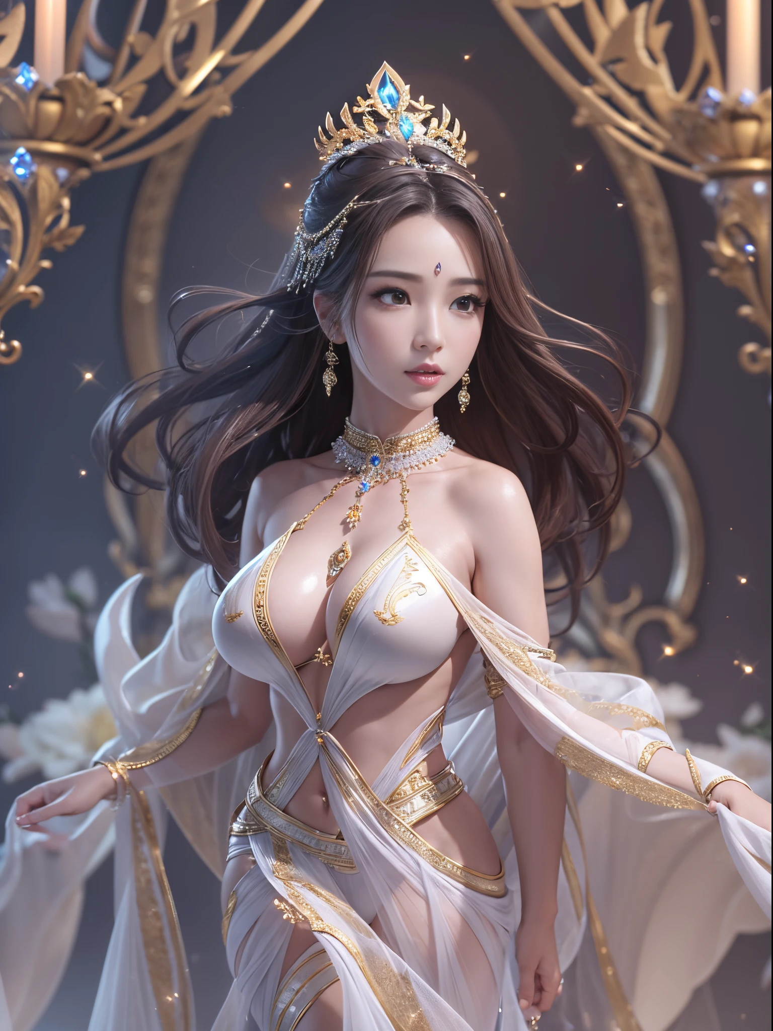 ((goddes))8k、An ultra-high picture quality、Ultra-realistic details、3d rendered、mysterious look、large full breasts、Crystal clear white skin、Sexy clothes with wide open chest、Luxurious decoration、Thin and supple waist curve、the background is shining、Blur the background、