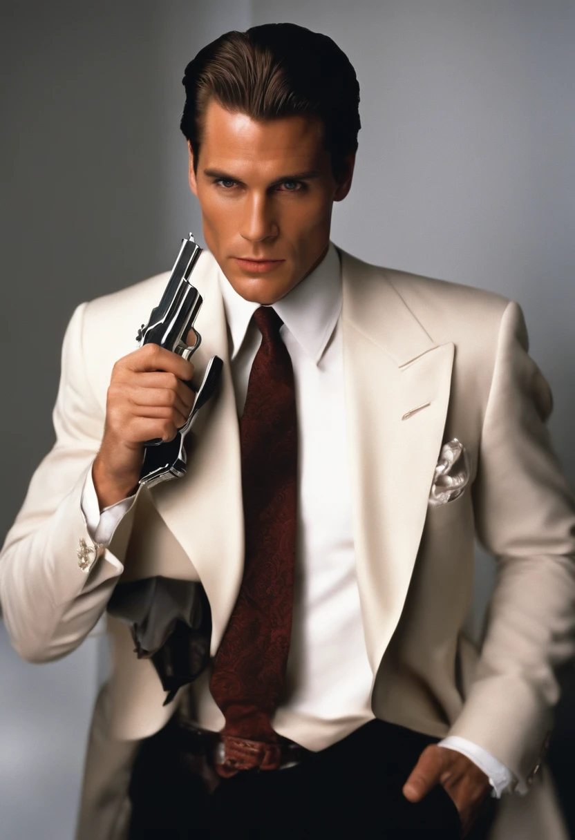 A close-up photo of a rare vintage firearm with intricate engravings,American Psycho (2000 film),Patrick Bateman, the protagonist of “American Psycho,” is depicted as a quintessential 1980s Wall Street yuppie with a polished appearance: slicked-back hair, a chiseled, handsome face, and an impeccable wardrobe that underscores his obsession with status and material success. His physique is well-maintained with rigorous exercise, reflecting his vanity and concern with external perceptions.