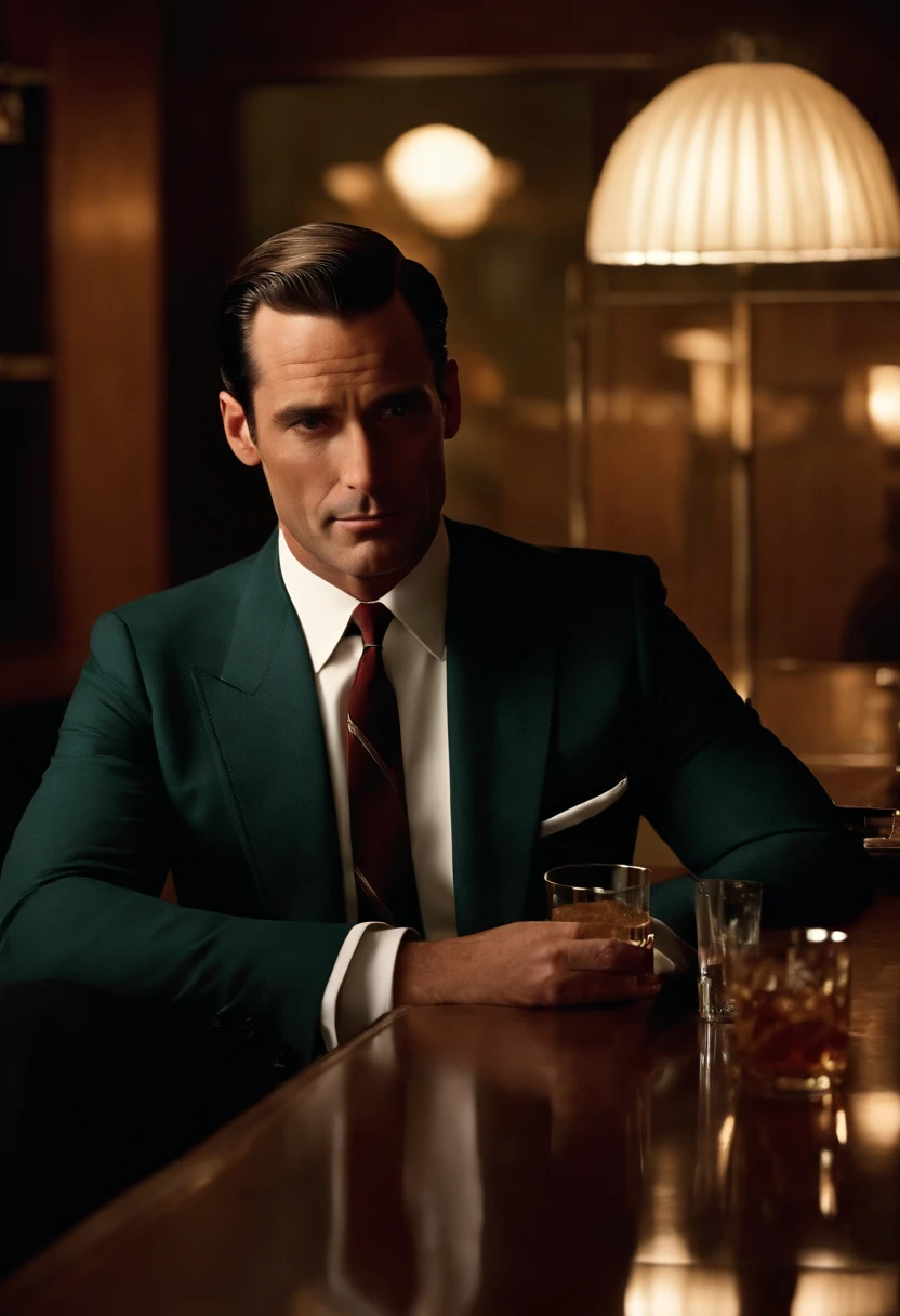 A moody, shadowy photo of a dimly lit bar with a half-empty glass of whiskey on the counter,Mad Men TV Series,Don Draper, the enigmatic protagonist of the TV series “Mad Men,” is the epitome of 1960s advertising glamour with a complex and often mysterious persona. He is typically seen in impeccably tailored suits, symbolizing his high status in the advertising world and his attention to appearance as a tool for success. Draper’s classic, handsome features, characterized by a strong jawline and slicked-back hair, add to his charismatic yet inaccessible aura.