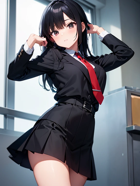 The woman is wearing a black tailored school uniform and red tie accompanied by a small black skirt, black hair, black eyes, and is showing her genitals.