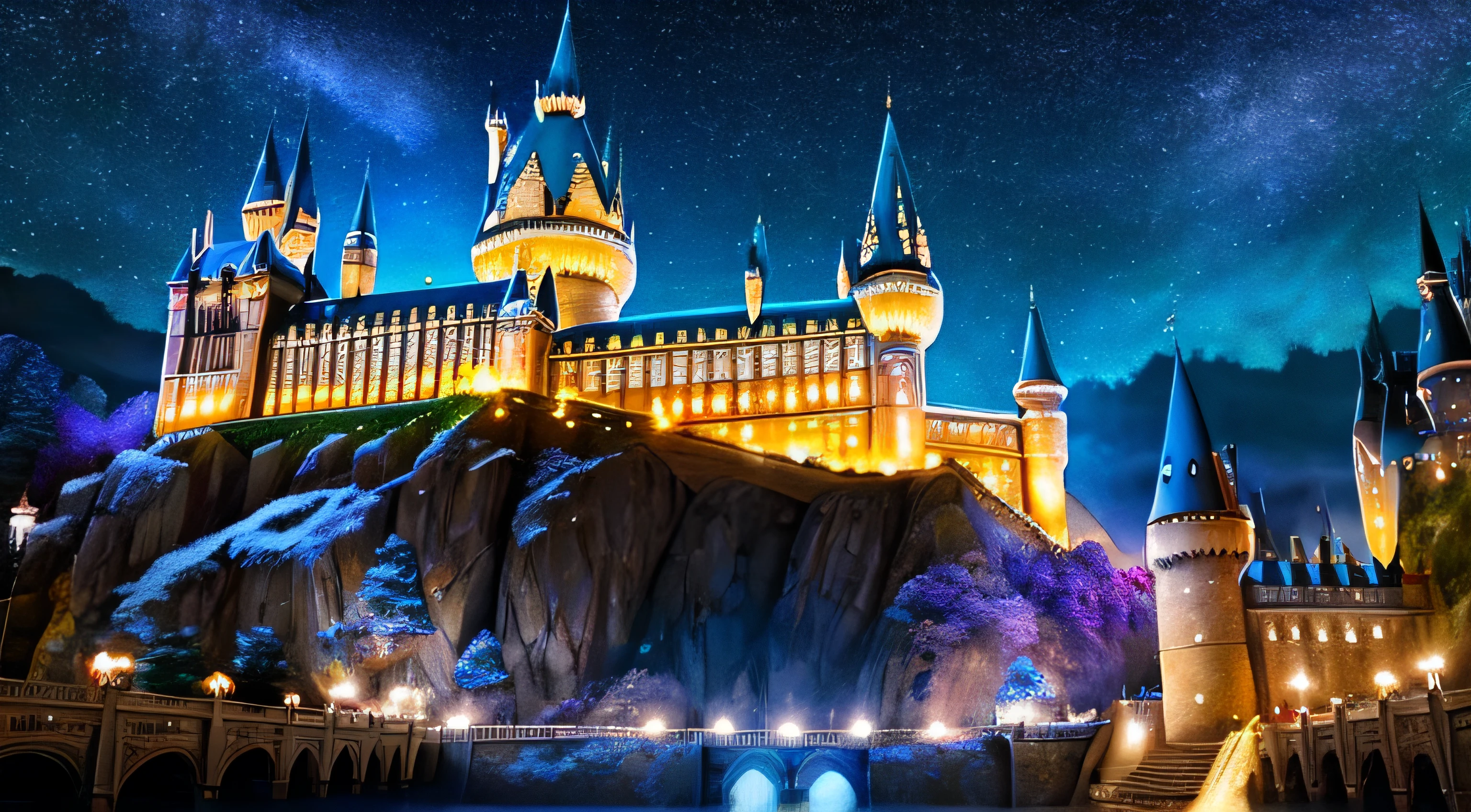 un primer plano de un castillo con muchas luces, Antecedentes de Hogwarts, Escenario de Hogwarts, Hogwarts 2 0 7 7, setting of the harry potter series, Castillo de Hogwarts, Hogwarts, Estilo Hogwarts, Legado de Hogwarts, Arte de Harry Potter, Arte digital 4K altamente detallado, Hogwarts great hall, En Hogwarts, Render 3D y pintura mate, Arte detallado de alta calidad 8K