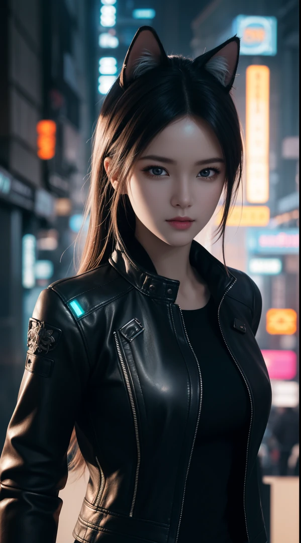 Beautiful photograph of Reika Shimohira as a Nekomata catgirl, slender body, slender hips, big breasts, wearing full ((heavy cyberpunk armor)) with neon trim, ((leather tech jacket)), cat ears, cat tail, science fiction, cyberpunk city in the background, Gantz, In the Style of Cyberpunk 2077, Ultra realistic photo, masterpiece, best quality, CG, wallpaper, HDR, high quality, high-definition, extremely detailed, {beautiful detailed face}, {beautiful detailed eyes}, (detailed light){{intricate detail}}, {highres}, ((detailed face)), neon light, chiaroscuro, key visual, intricate detail, highly detailed, breathtaking, vibrant, cinematic