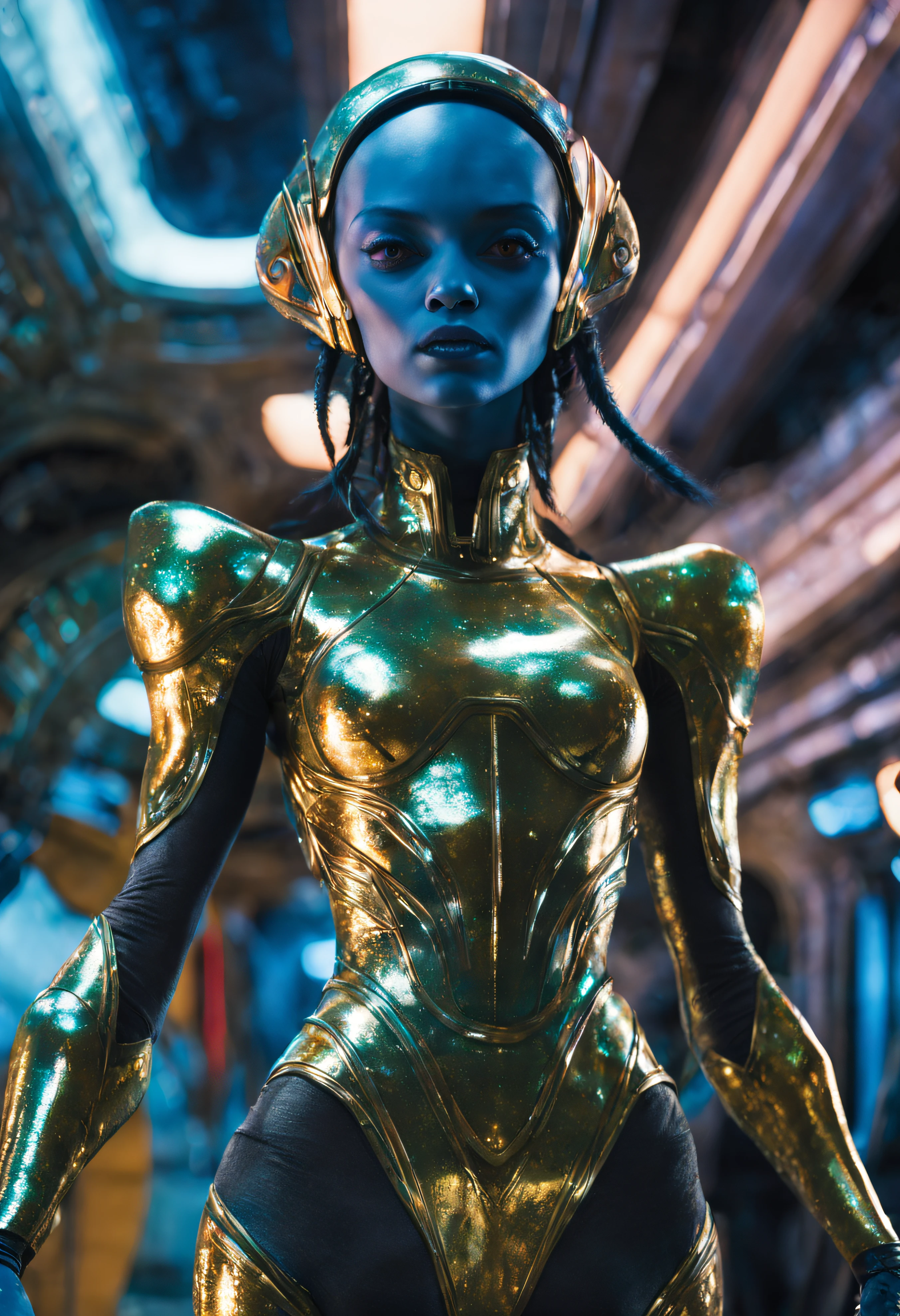 (cuerpo completo), extraterrestrial alien female similar to Lihö-Minaa princess of the people of the planet mül from Valerian and the city of a thousand planets , cuerpo atletico y exuberante, vestida de traje de noche corto, engarzado con oro refulgente, priedras preciosas de colores y diamantes, ((se encuentra en centro de control de estacion espacial)), detalles intrincados de la maquina de alta calidad), estilo cinematografico, nitidez absoluta, imagen 8k.(obra maestra).fondos de pantalla, ultra detallado.