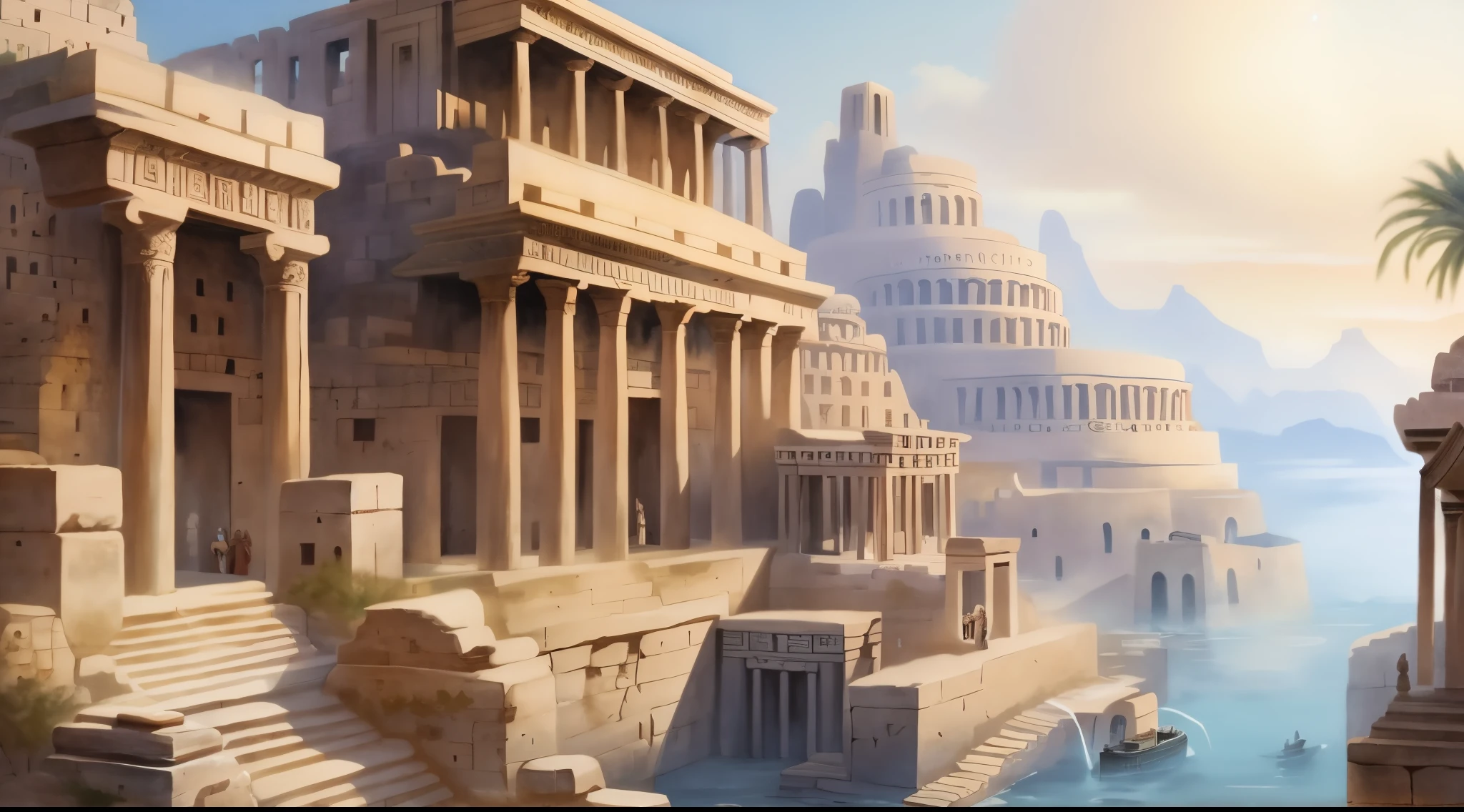 there is a picture of a city with a river and a boat, The Ancient City, Ancient cityscape, Realistic painting of the complex, Ancient Marble City, Ancient architecture, Dune City and Temples of Arrakis, Prehistory of Atlantis, Surrealist Roman architecture, The background of the temple, ancient temple, Fantasy Capital, Dan Christensen, Ancient Persian city, An ancient white stone city, angels live in this city
