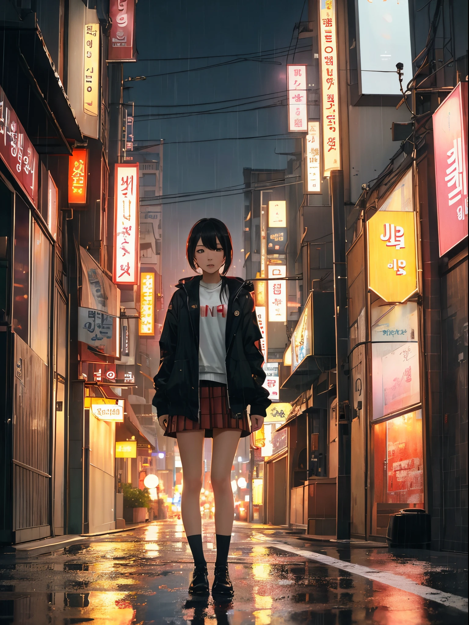 masterpiece, best quality, 1girl, solo, looking at viewer, Late night, Seoul, deserted street, distant view, background, loneliness, rain, street lights, weak light