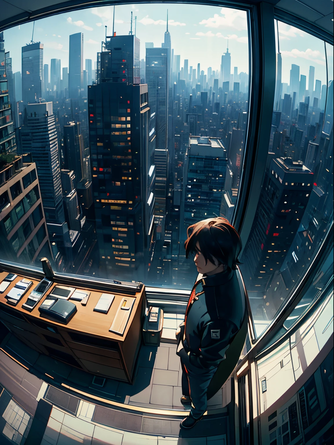 ((fish eye view)), (super wide angle), The view of the city,Buildings,busy street。Jack stood in front of the large window in his office,Look at the bustling city,With loneliness and confusion on his face