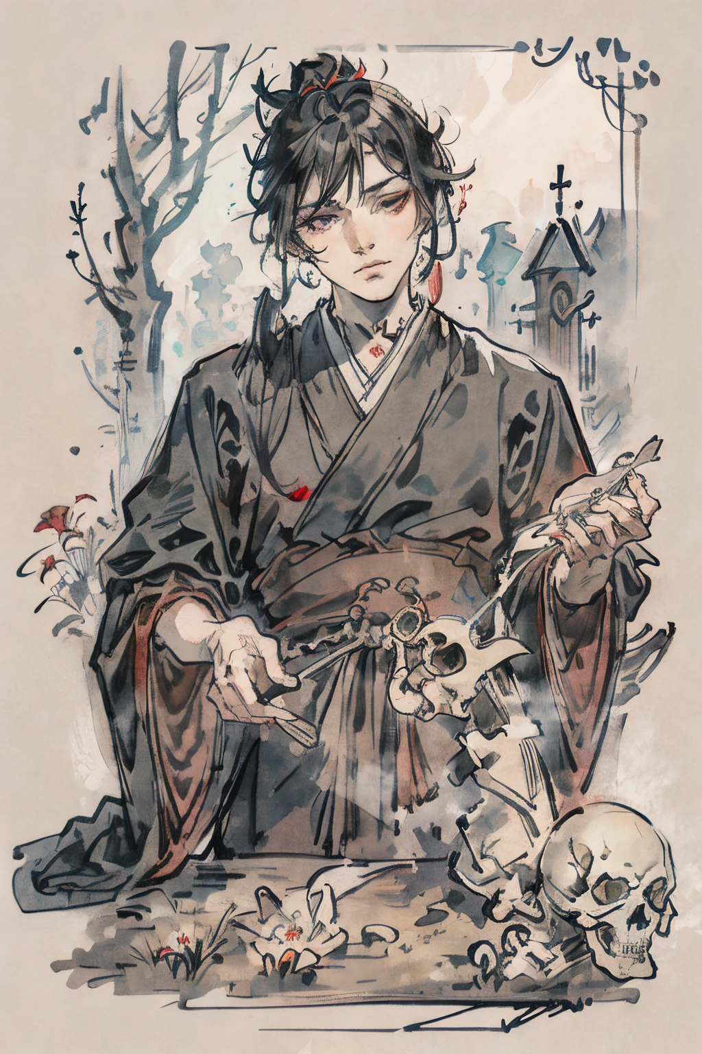 SFW,masutepiece, Best Quality, High resolution, upper body, Details, detail hands, Detail fingers, Detail Face, detail legs, 1man, solo, wizard, watercolor paiting, in graveyard, skeltons, false face, gray robe, gray eyes, skeleton, skull, bone, black hair,  amaryllis, necromancer, false face,