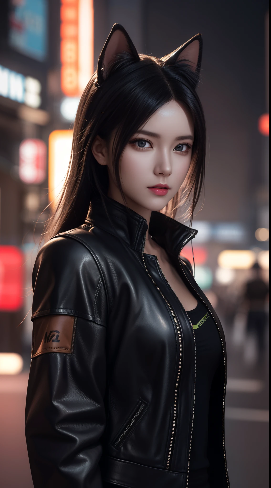 Beautiful photograph of Reika Shimohira as a Nekomata catgirl, slender body, slender hips, big breasts, wearing full ((heavy cyberpunk armor)) with neon trim, ((leather tech jacket)), cat ears, cat tail, science fiction, cyberpunk city in the background, Gantz, In the Style of Cyberpunk 2077, Ultra realistic photo, masterpiece, best quality, CG, wallpaper, HDR, high quality, high-definition, extremely detailed, {beautiful detailed face}, {beautiful detailed eyes}, (detailed light){{intricate detail}}, {highres}, ((detailed face)), neon light, chiaroscuro, key visual, intricate detail, highly detailed, breathtaking, vibrant, cinematic