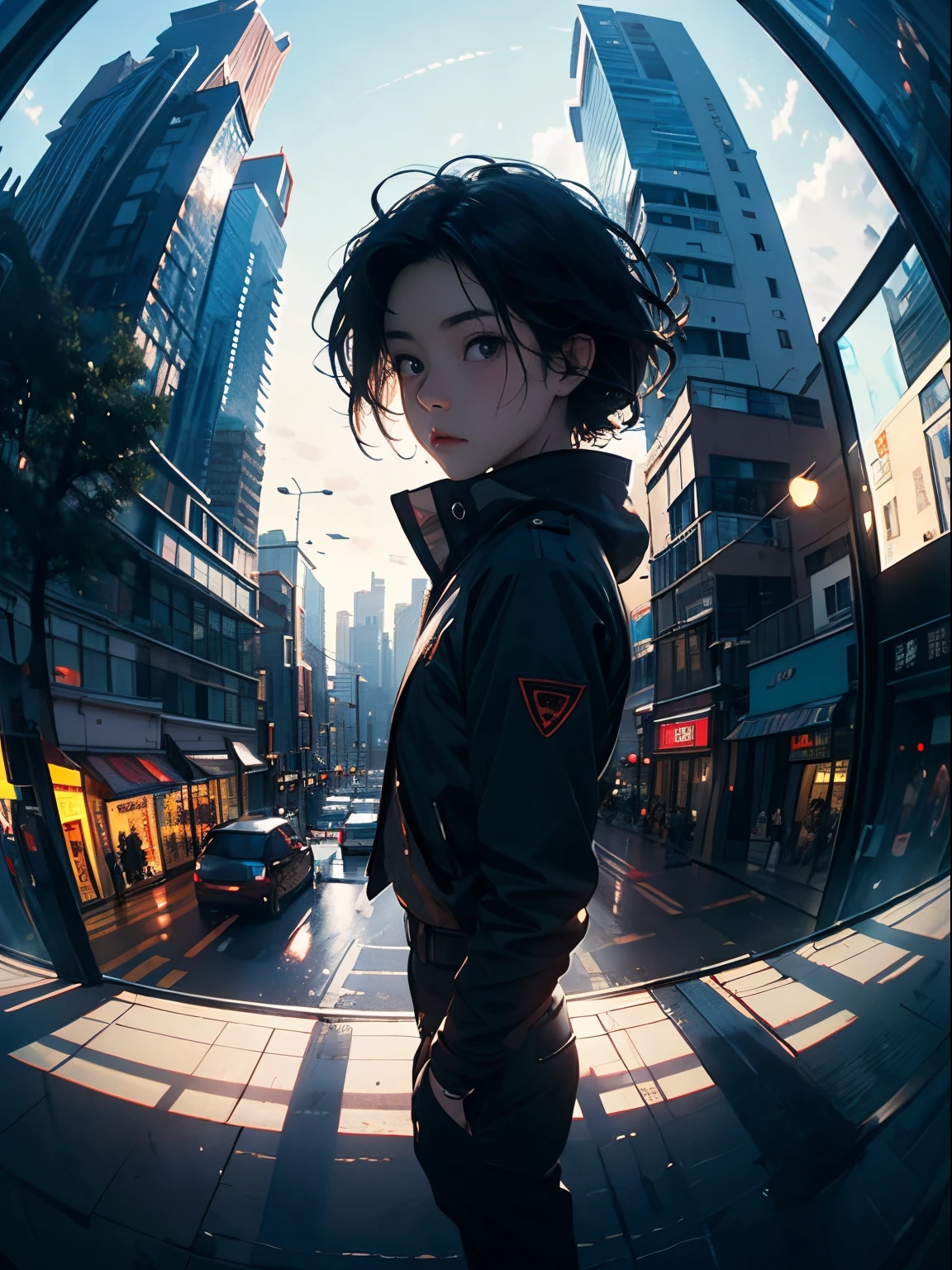 ((fish eye view)), (super wide angle), The view of the city,Buildings,busy street。Jack stood in front of the large window in his office,Look at the bustling city,With loneliness and confusion on his face