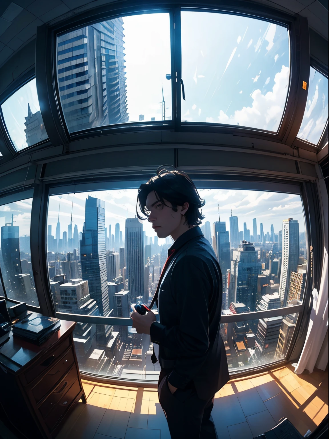 ((fish eye view)), (super wide angle), The view of the city,Buildings,busy street。Jack stood in front of the large window in his office,Look at the bustling city,With loneliness and confusion on his face