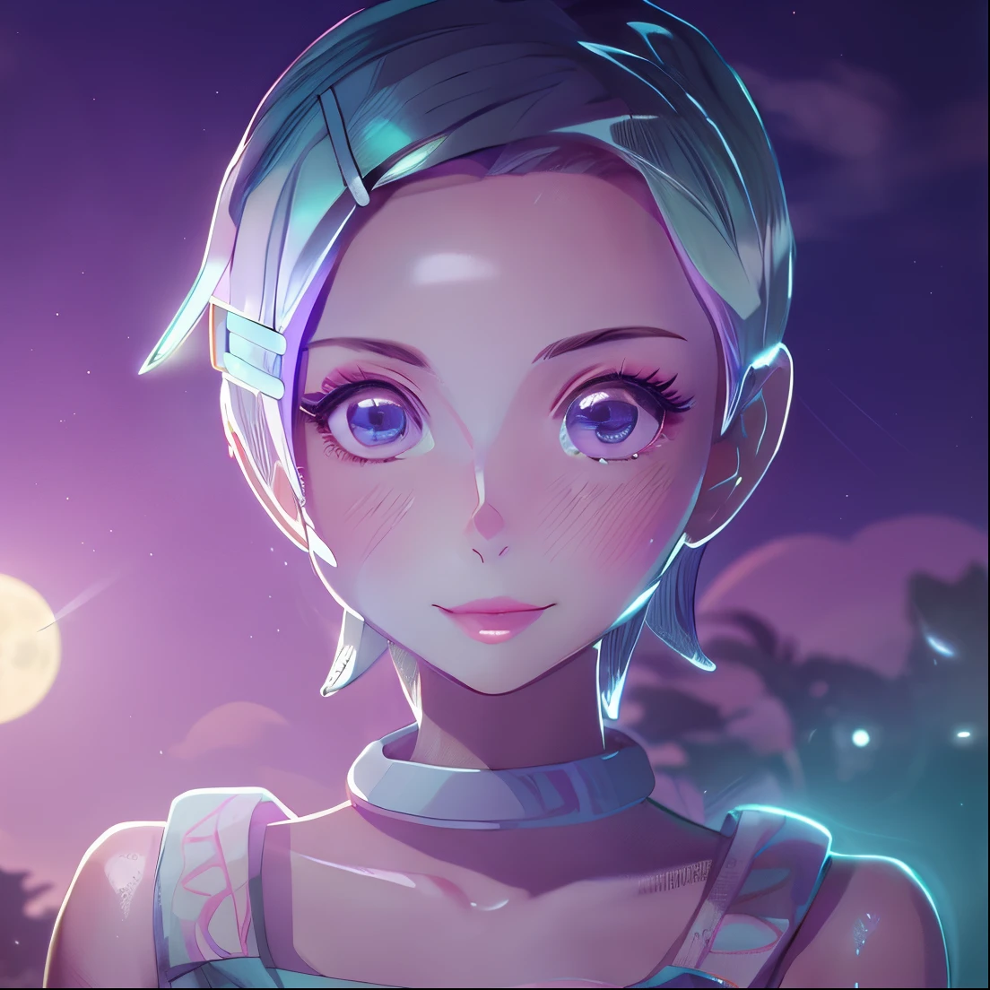 a beauty girl、12 only、Mint-colored hair、short-hair、Purple eyes、beautifly、top-quality、Full Moon Night、moonlit backdrop
