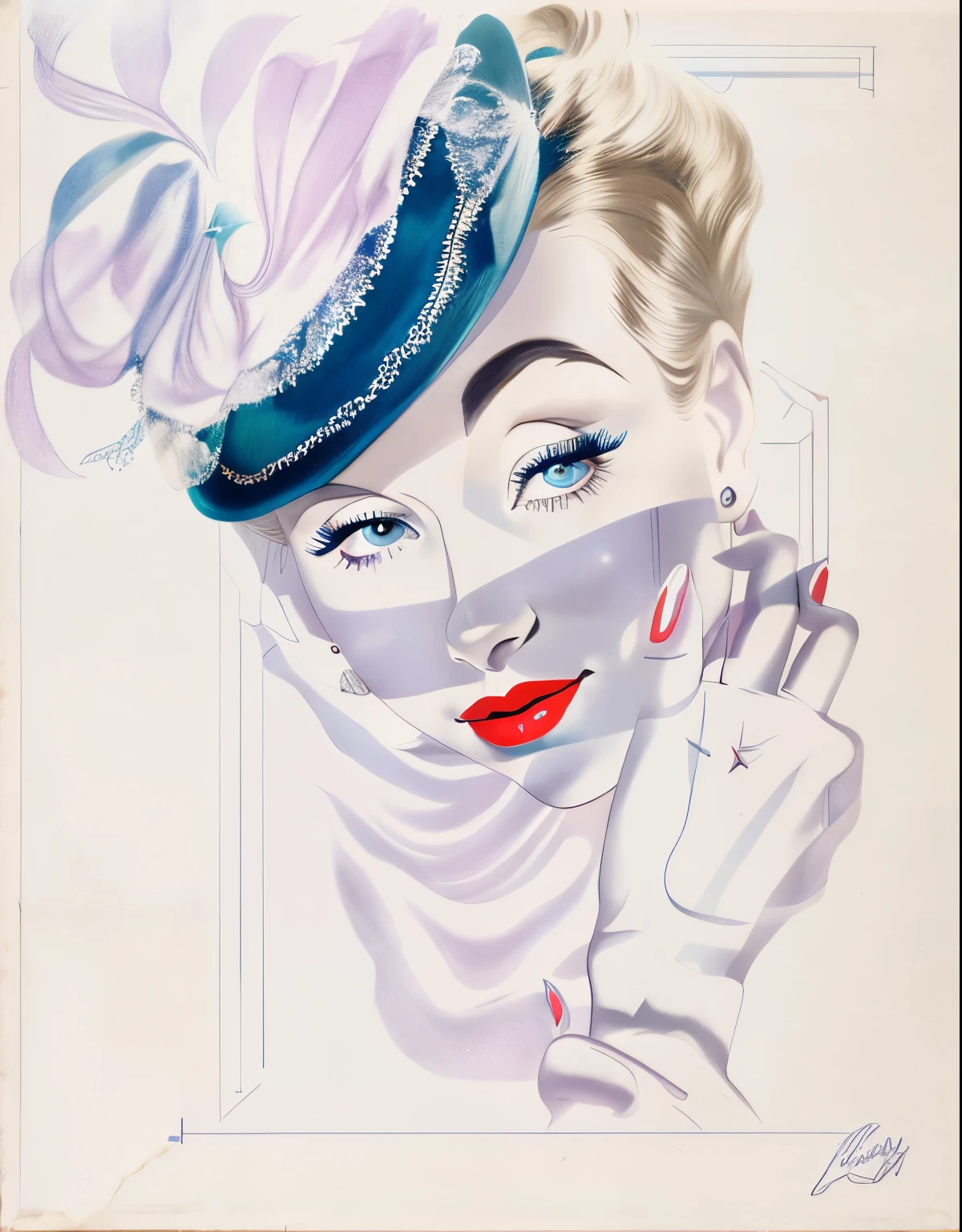 painting of a woman with a blue hat and red lips, Directed by: Albert Kotin, Directed by: Hugo Scheiber, Directed by: Alberto Vargas, no estilo de cecil beaton, Directed by: Hans Hinterreiter, illustration art, Directed by: István Réti, inspirado em Alberto Vargas, Directed by: Kurt Seligmann, Directed by: Oskar Lüthy, Directed by: Albert Dorne