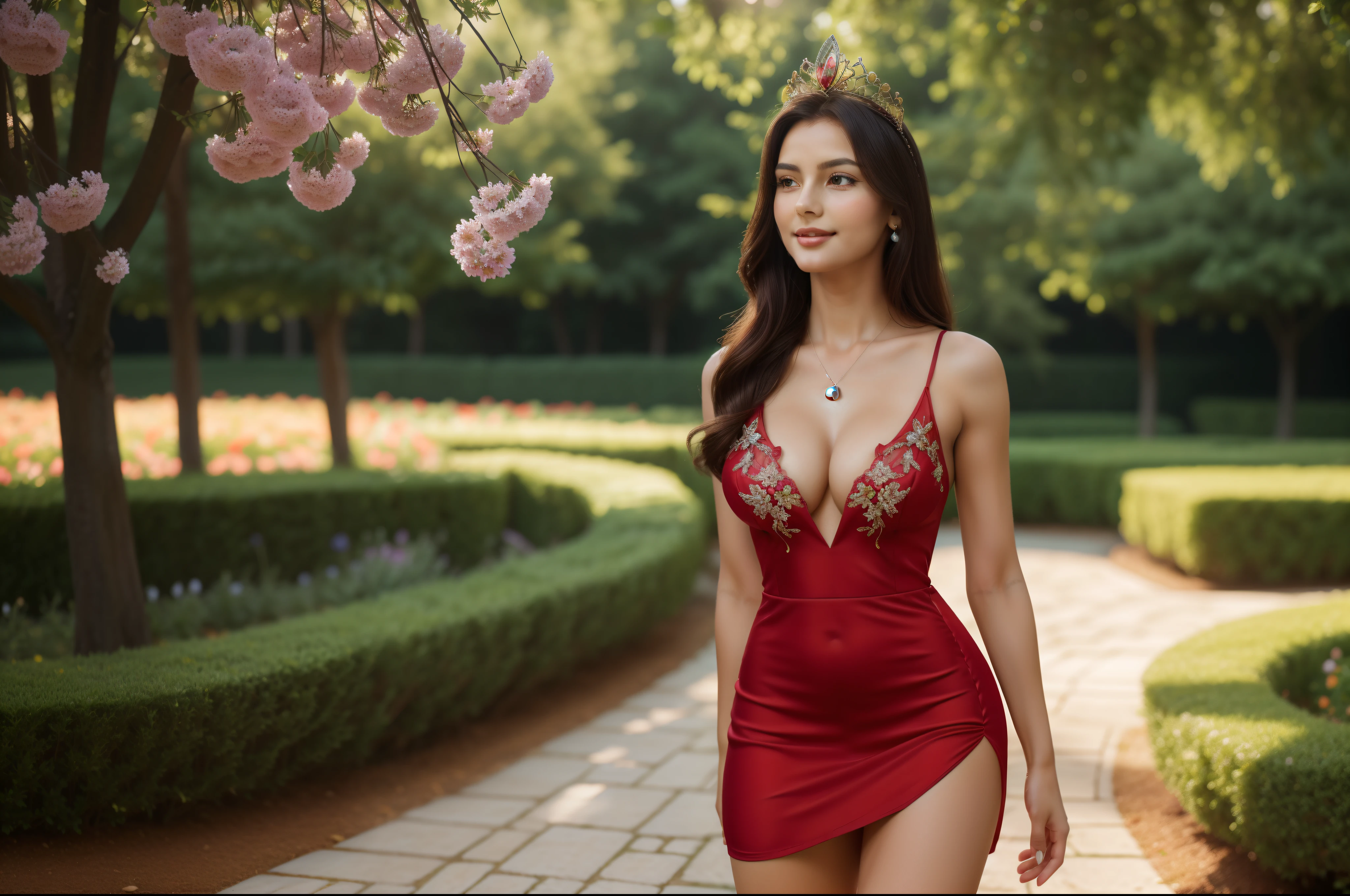 (best quality,4k,8k,highres,masterpiece:1.2),ultra-detailed,(realistic,photorealistic,photo-realistic:1.37),queen walking in flower garden,oil painting,((full-body view:1.4)), (((1girl))),(((solo))),(((a girl alone))),(18years old),[the face is combination of (((irene1:1.2))) and (((Excella_er5:1.2)))],(sharp focus:1.5),beautiful detailed eyes,beautiful detailed lips,extremely detailed eyes and face,long eyelashes,gorgeous girl,feminine charm,pearl skin,(skin pores:1.1),extremely detailed face and skin texture,(skin texture:1.1),black hair,soft and smooth hair,tall and slender body,(192cm tall),thin and delicate figure,graceful posture,strong and defined muscles,flawless skin,defined abs,perfect curves,feminine appearance,beautiful long legs,embodying elegance and beauty,happy expression,full-smile,seductive eyes and sensual lips,large breasts,cleavage breasts,((wearing a ((red)) low-neck dress:1.3)),(no panty:1.3),(ultra-short skirt:1.3),((see through dress:1.2)),Queen's Crown,royal attire,regal crown,graceful posture,serene expression,colorful blooming flowers,fluttering butterflies,dappled sunlight,fresh morning dew,fragrant floral aroma,vibrant colors,romantic atmosphere,soft pastel color palette,subtle warm lighting