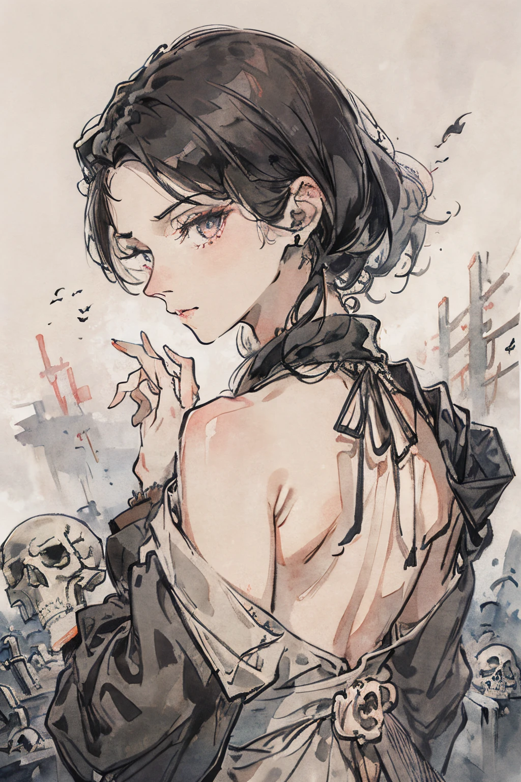 SFW,masutepiece, Best Quality, High resolution, upper body, Details, detail hands, Detail fingers, Detail Face, detail legs, 1man, solo, wizard, watercolor paiting, in graveyard, skeltons, false face, gray robe, gray eyes, skeleton, skull, bone, black hair, all back , amaryllis