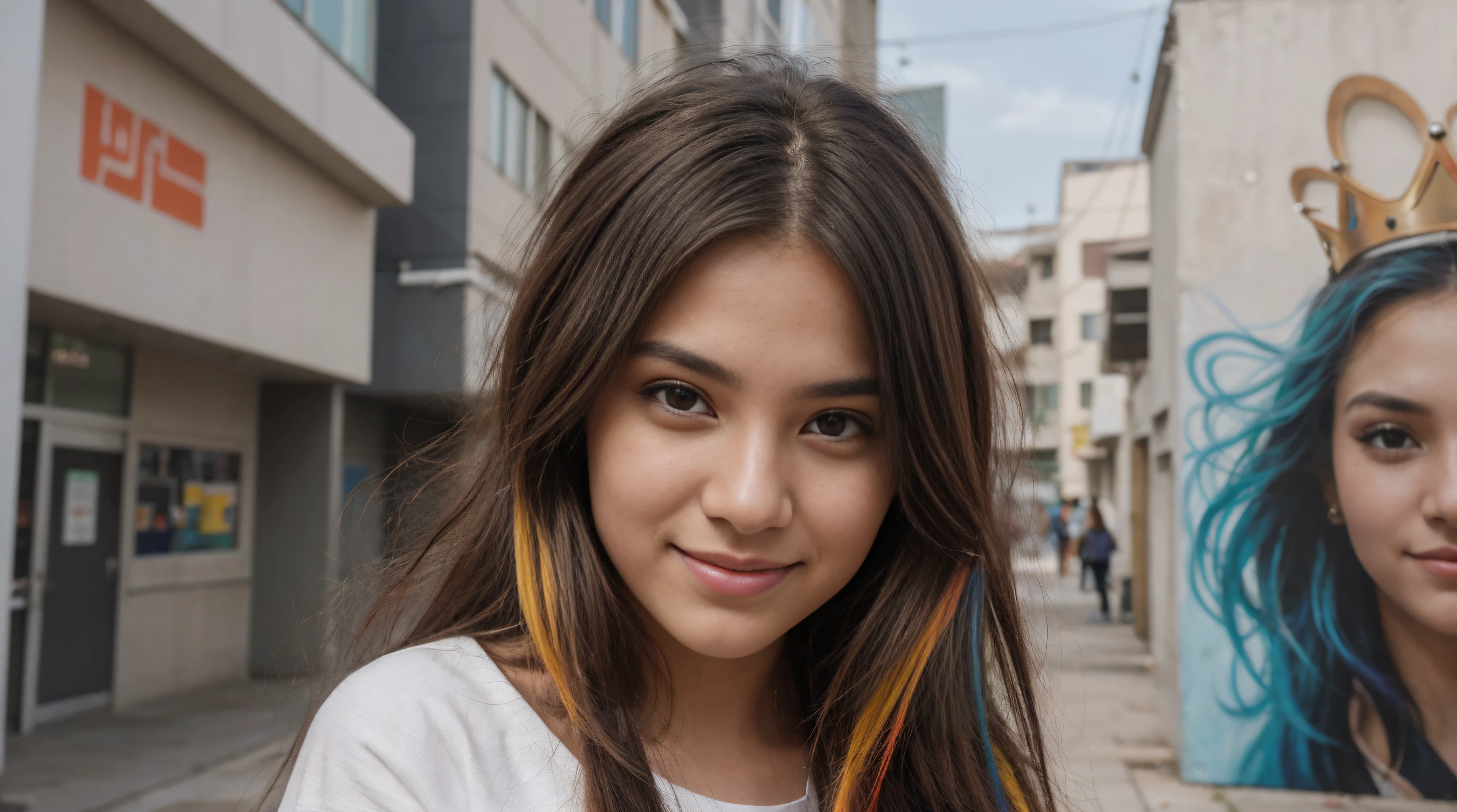 multicolored hair, crown, dashed eyes, smile, Hyperrealism, cinematic lighting, close-up, Ultra-Wide Angle, 135mm, Canon, best quality, high quality, super detail 20-year-old Brazilian student ambles through the bustling university campus. Dressed in lively attire, her carefree hair dances with the breeze. The details on her face showcase a mix of curiosity and focus. In the backdrop, murals of abstract and futuristic urban art contribute to the modern and inspiring ambiance. Engaged in conversations, she exudes a vibrant presence, navigating an academic environment that seamlessly fuses art, innovation, and learning.