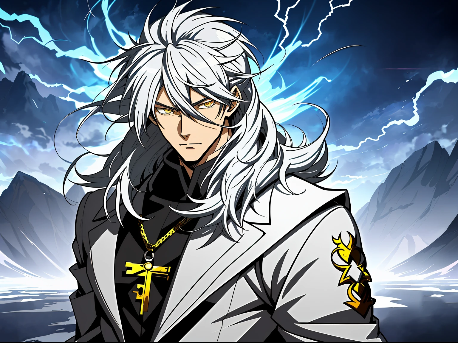 White long-haired anime character, yellow eyes before lightning,white clothes, Detailed key animation art, Key anime art, Detailed anime character art, shadow poetry style, handsome guy in demon killer art, full art, Very detailed official artwork, anime art style, offcial art, detailed anime art,