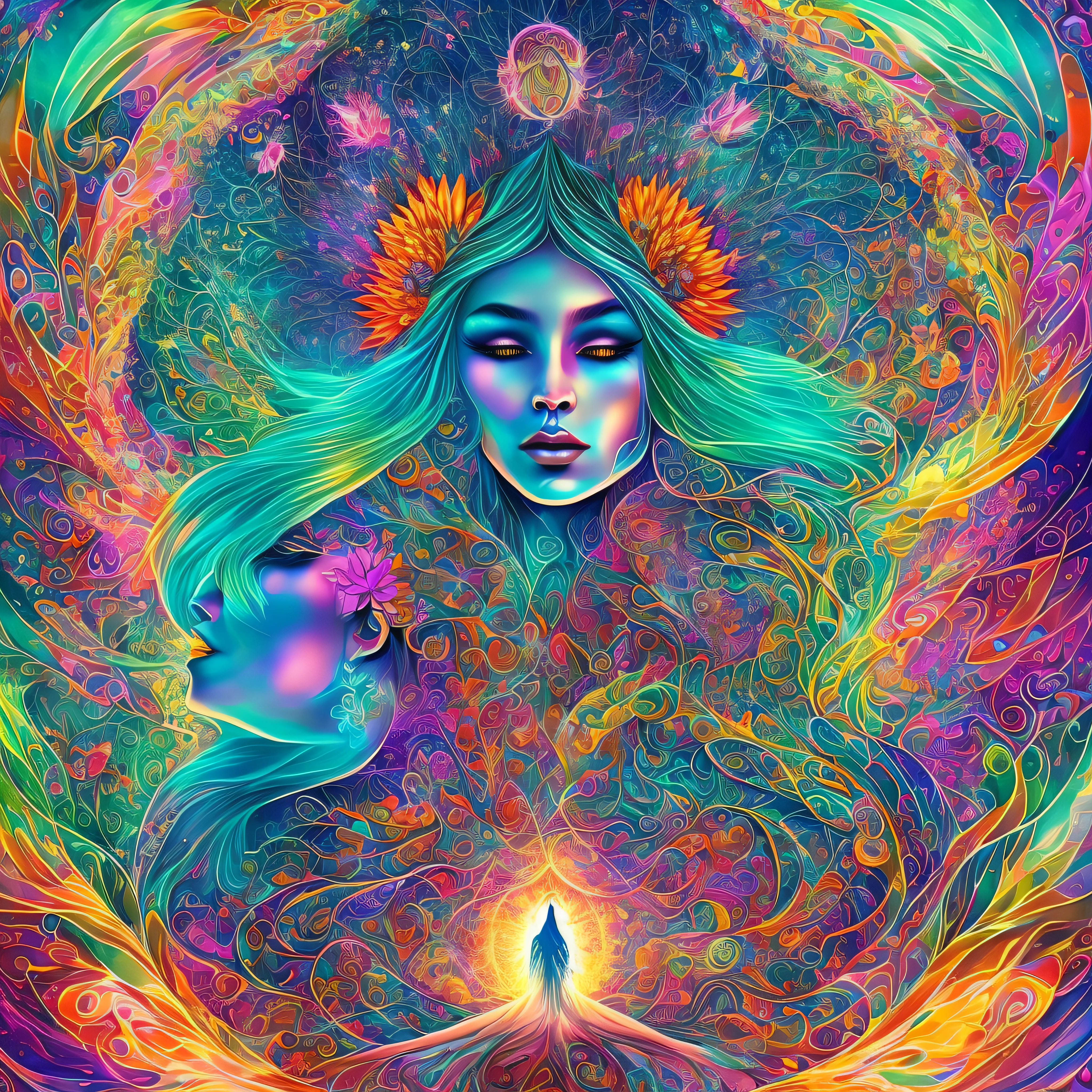 Plunge into the ether that flows with the eternal soul through the vibrations of love, Everything is connected, Flowing energy, spiritual, divine, Dreams, cosmic, concept-art, Blowing the Mind, Female beauty, god, Pineal gland, dreamlikeart