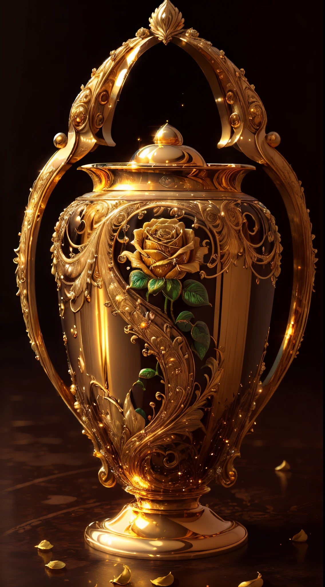 (best quality, highres, realistic:1.37), gold rose, detailed petals, intricate design, shimmering, luxurious, precious metal, exquisite craftsmanship, delicate curves, rich textures, sparkling reflections, intricate engravings, vibrant colors, beautiful composition, masterful artwork, glowing, golden hues, captivating beauty, surreal, opulent, timeless elegance