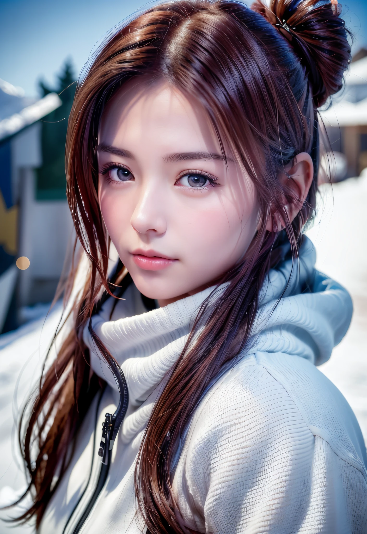 8K, of the highest quality, masutepiece:1.2), (Realistic, Photorealsitic:1.37), of the highest quality, masutepiece, Beautiful young woman, Pensive expression,、A charming、and an inviting look, skiing、snowboarder、Ski Wear, Hair tied back, Cinematic background, Light skin tone、Ski Resort Background