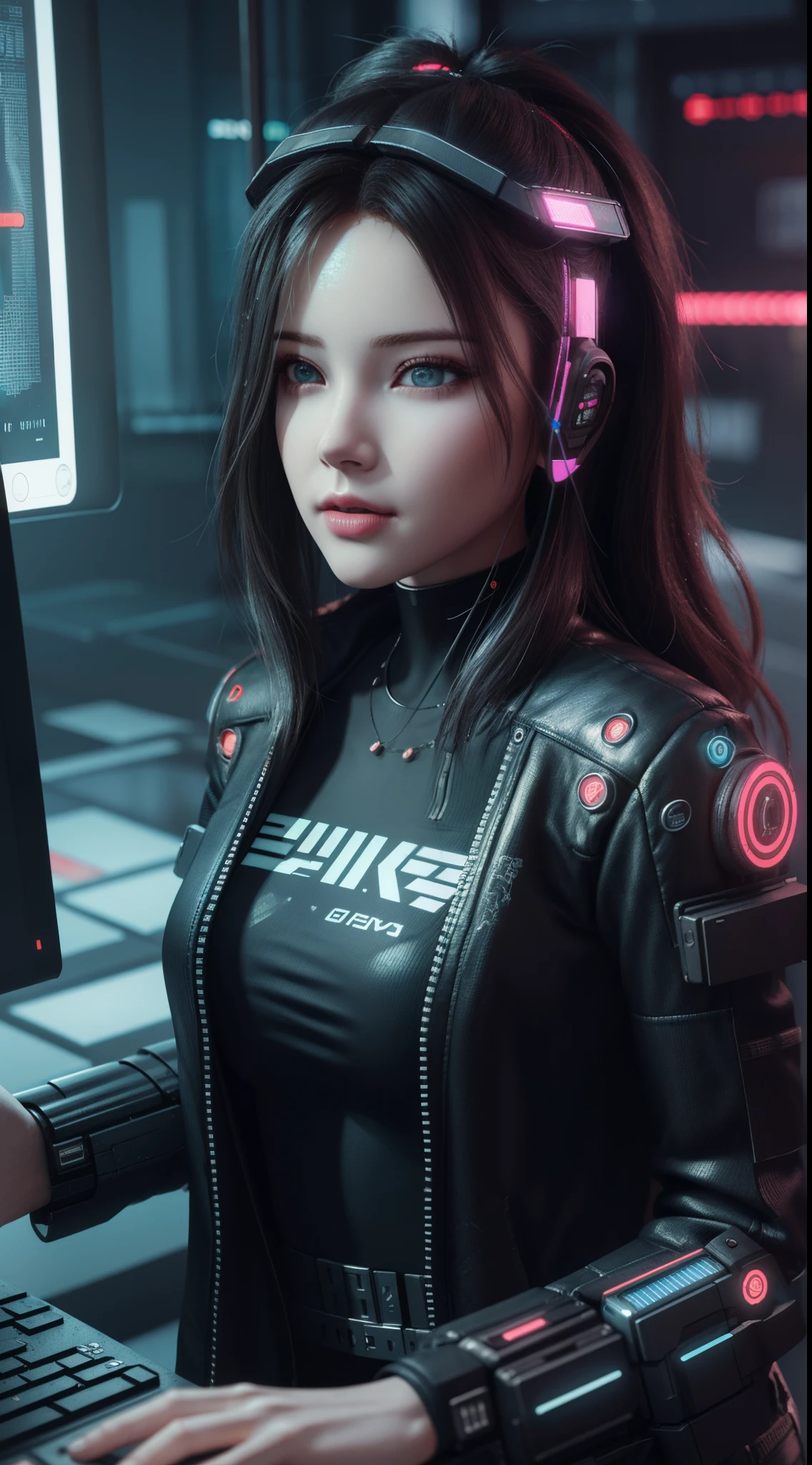 ((Best quality)), ((masterpiece)), (highly detailed:1.3), 3D, beautiful (cyberpunk:1.3) hacker woman with thick voluminous hair operating a computer terminal,