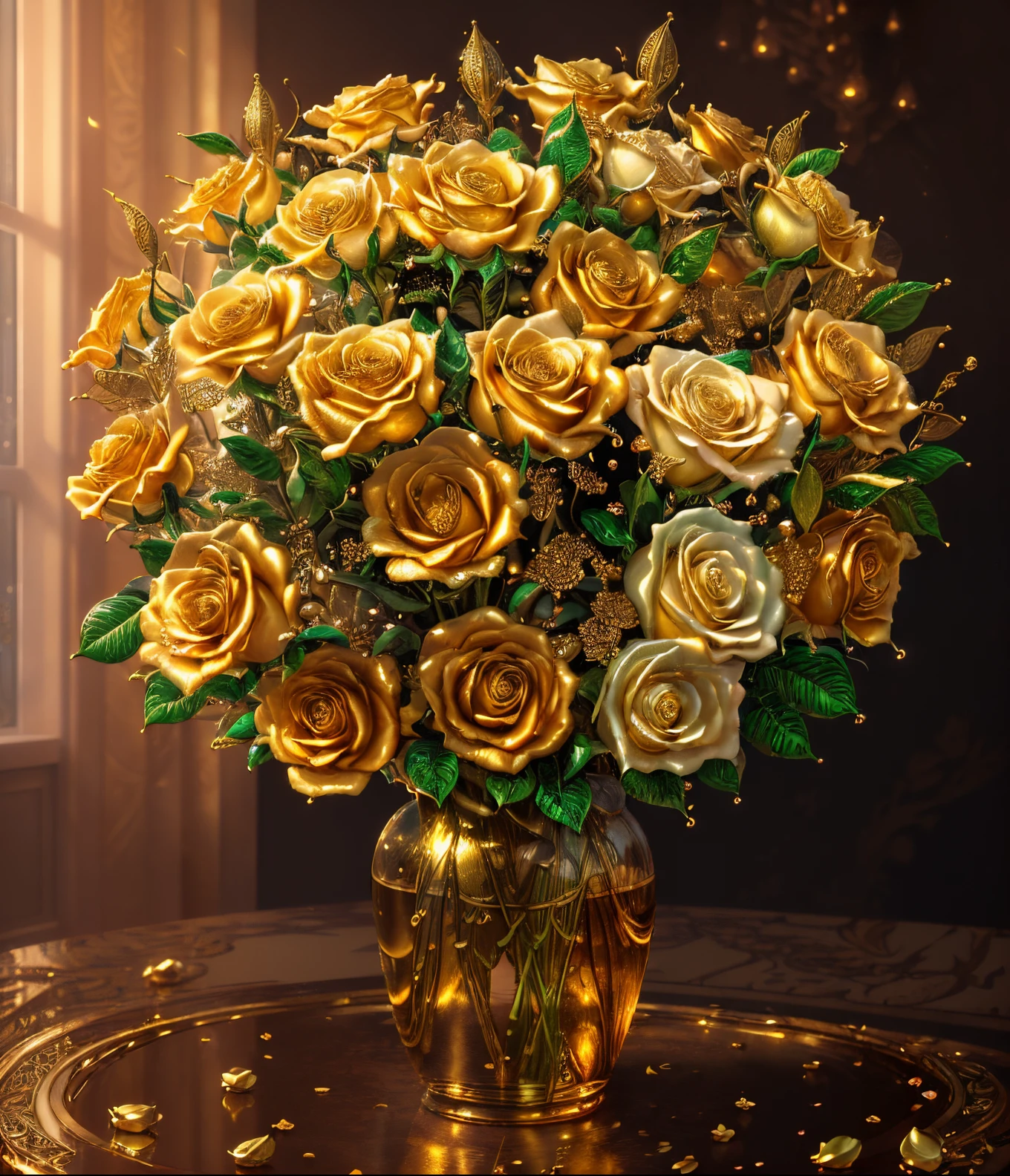 (best quality, highres, realistic:1.37), gold rose, detailed petals, intricate design, shimmering, luxurious, precious metal, exquisite craftsmanship, delicate curves, rich textures, sparkling reflections, intricate engravings, vibrant colors, beautiful composition, masterful artwork, glowing, golden hues, captivating beauty, surreal, opulent, timeless elegance