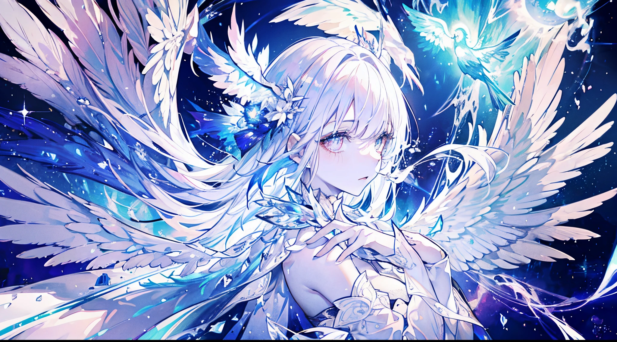 An angel is depicted with a pale and luminous complexion, their skin seemingly glowing with an otherworldly radiance. They are adorned with a pair of sparkling and graceful wings, symbolizing their divine nature. The scene is ethereal and enchanting, capturing the beauty and mystery of these celestial beings. angel, pale, luminous, complexion, glowing, otherworldly, radiance, sparkling, graceful, wings, divine, ethereal, enchanting, beauty, mystery.upper body,