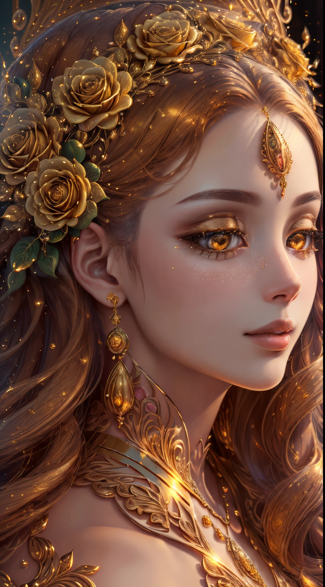 (best quality, highres, realistic:1.37), image of a golden 🌹, gold rose, detailed petals, intricate design, shimmering, luxurious, precious metal, exquisite craftsmanship, delicate curves, rich textures, sparkling reflections, intricate engravings, vibrant colors, beautiful composition, masterful artwork, glowing, golden hues, captivating beauty, surreal, opulent, timeless elegance