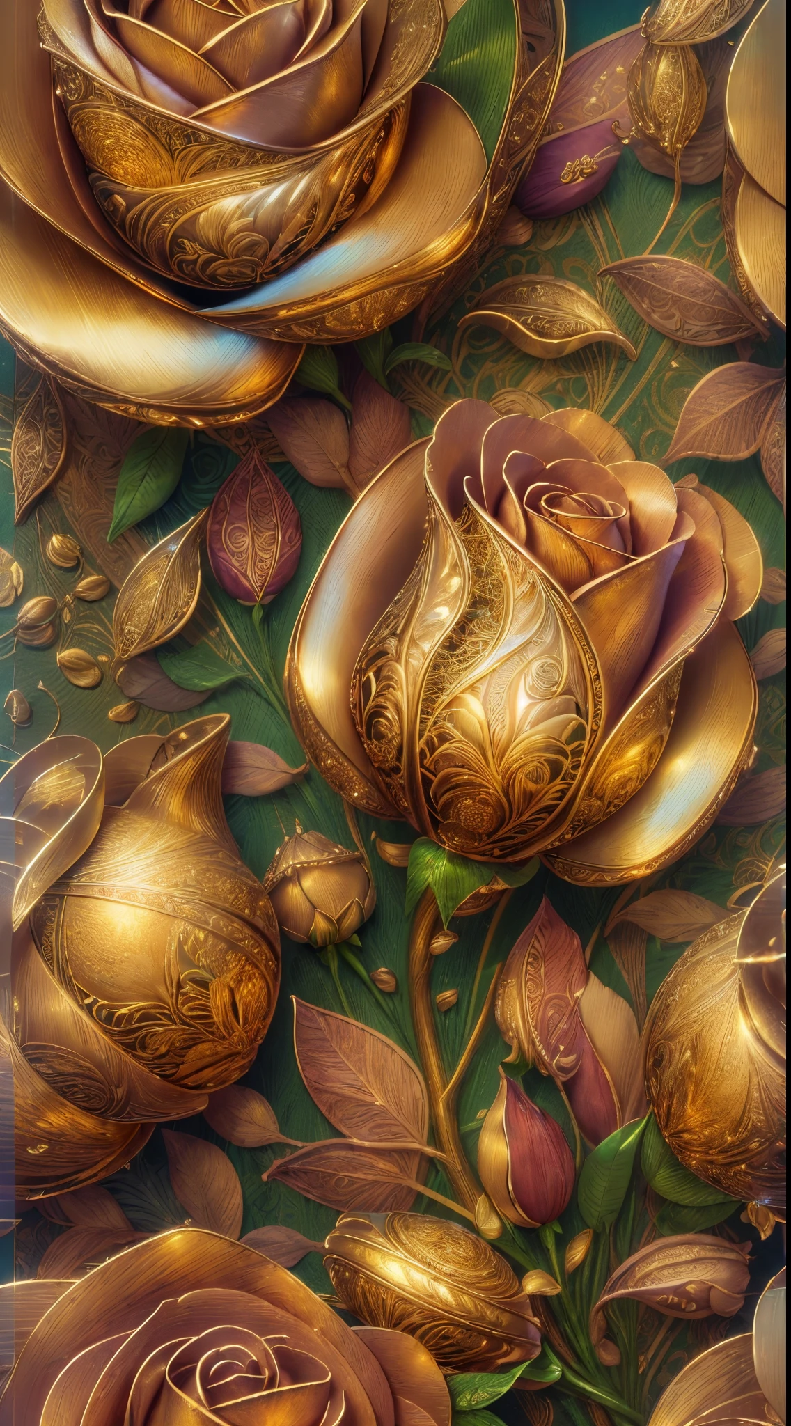 (best quality, highres, realistic:1.37), image of a golden 🌹, gold rose, detailed petals, intricate design, shimmering, luxurious, precious metal, exquisite craftsmanship, delicate curves, rich textures, sparkling reflections, intricate engravings, vibrant colors, beautiful composition, masterful artwork, glowing, golden hues, captivating beauty, surreal, opulent, timeless elegance