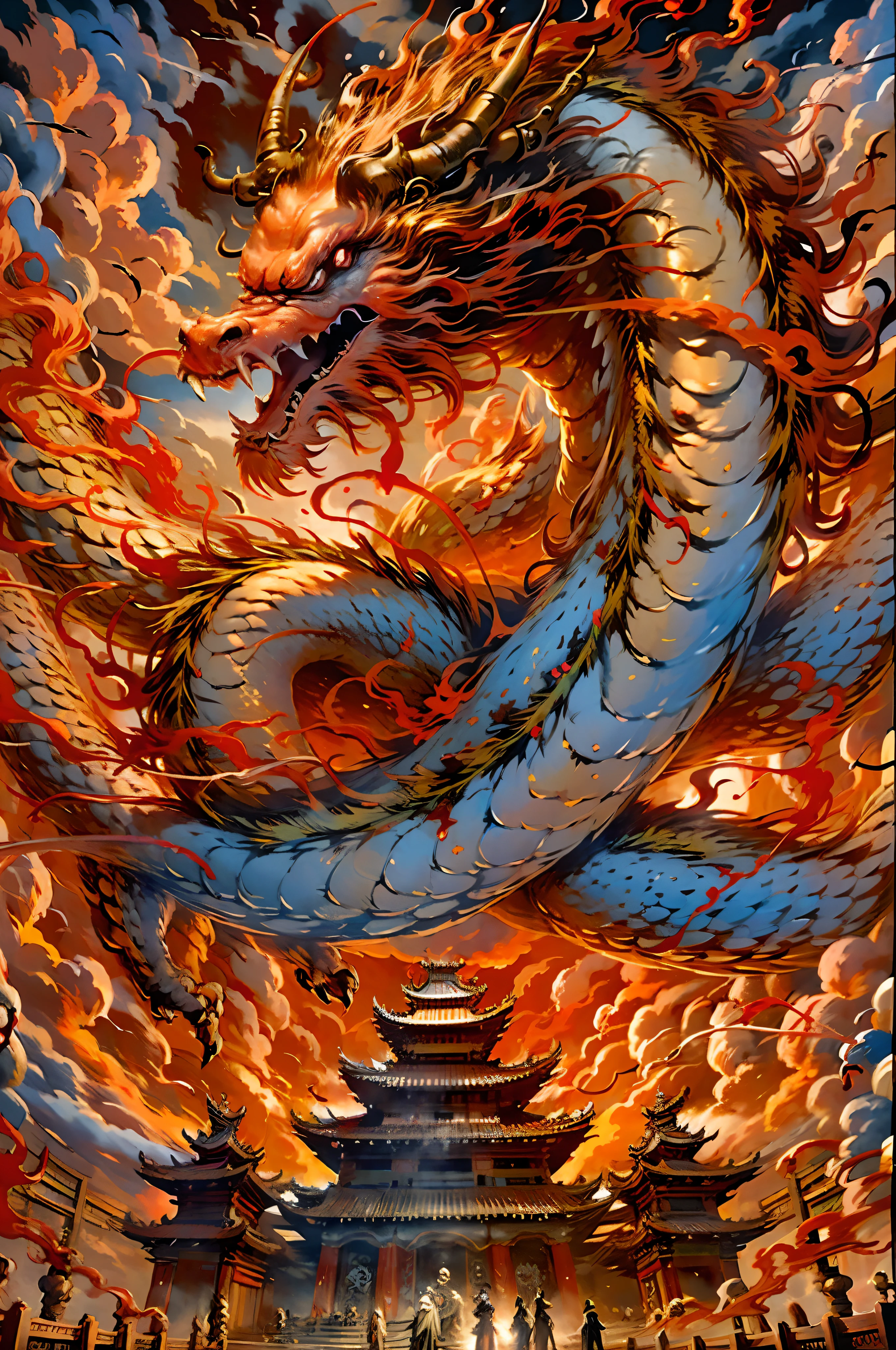 Best quality,masterpiece,ultra high res,nu no humans, (long:1.2),no humans, cloud, architecture, east asian architecture, red eyes, horns, open mouth, sky, fangs, eastern dragon, cloudy sky, teeth, flying, fire, bird, wings