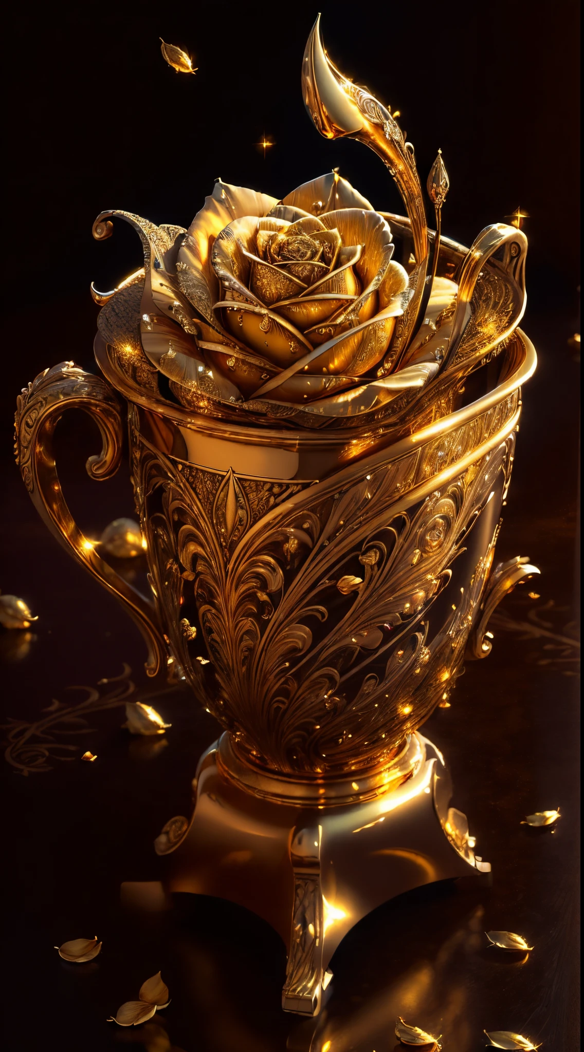 (best quality, highres, realistic:1.37), gold rose, detailed petals, intricate design, shimmering, luxurious, precious metal, exquisite craftsmanship, delicate curves, rich textures, sparkling reflections, intricate engravings, vibrant colors, beautiful composition, masterful artwork, glowing, golden hues, captivating beauty, surreal, opulent, timeless elegance