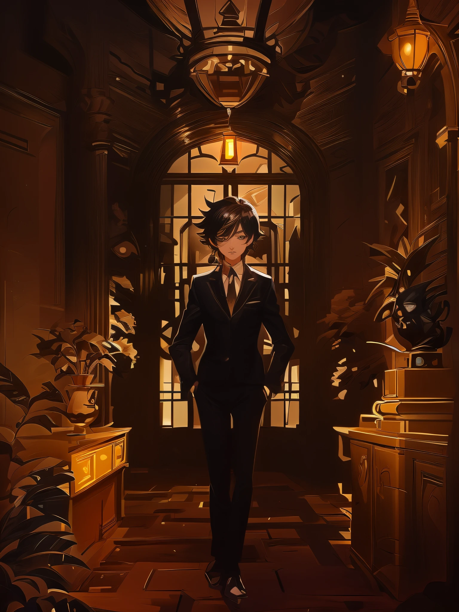 anime style illustration of a guy with (black hair) and (red eyes) (luxurious black suit), (holding a luxurious cane), whimsical, JRPG, charming, emotionally, detailed environment, fantastic, imaginative, visually rich, atmospheric, zoomed in , flat lighting, 2d, cartoon, vector, art by MSchiffer, best quality, best resolution