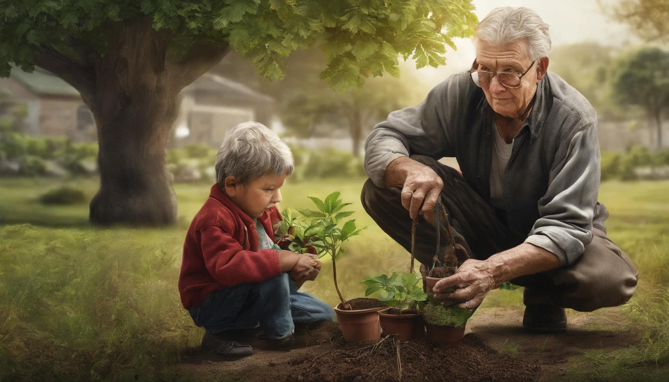 : A father and son together planting a small sapling in the ground, both looking happy and connected. The garden is peaceful and green.