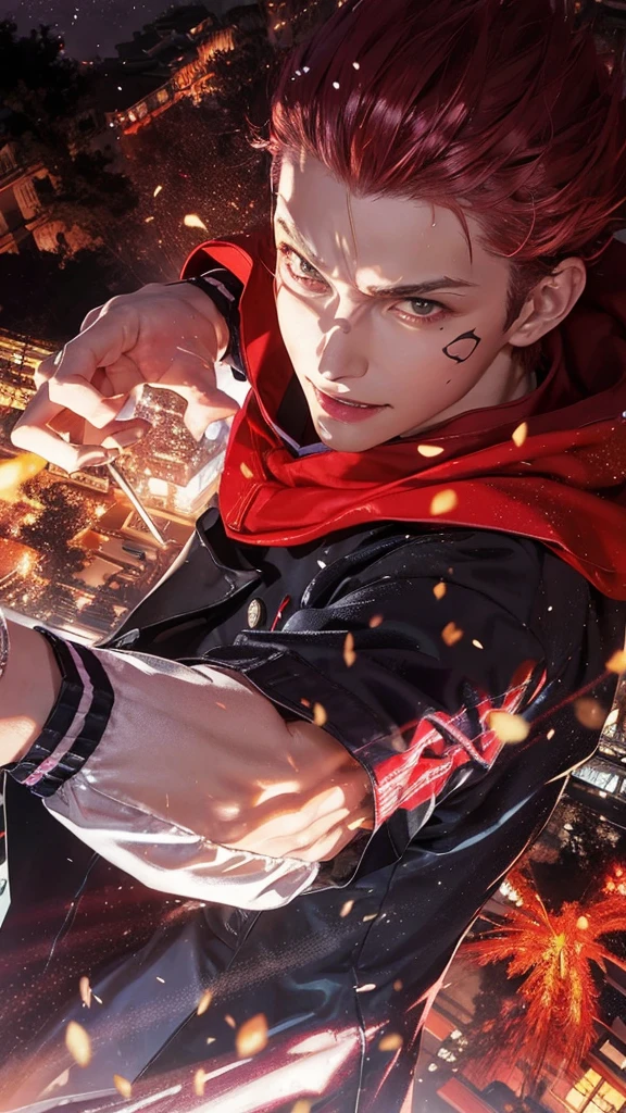 1man, itadori yuji mode sukuna in anime jujutsu kaisen, short hair , red hair, brown light eyes, handsome, smile, purple clothes, realistic clothes, detail clothes, city background, ultra detail, realistic