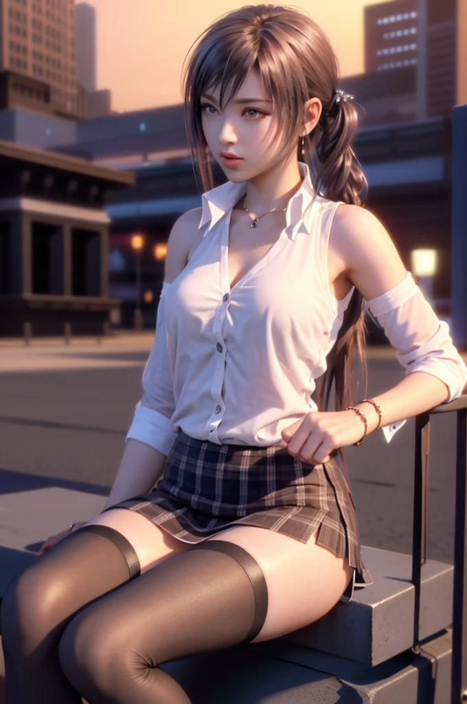 Realistic, Realism, Photorealism, Photorealsitic, High contrast, (Photorealistic:1.4), (Perfect female figure), 8K high-definition real details,NSFW,  (Best Quality, masutepiece:1.2),  Photon mapping, Radio City, Physically-based rendering, Best Quality, Highly detailed, 1girl in,fusera, Black legwear, Plaid shirt, Skirt, thighs thighs thighs thighs, plein air, Street,